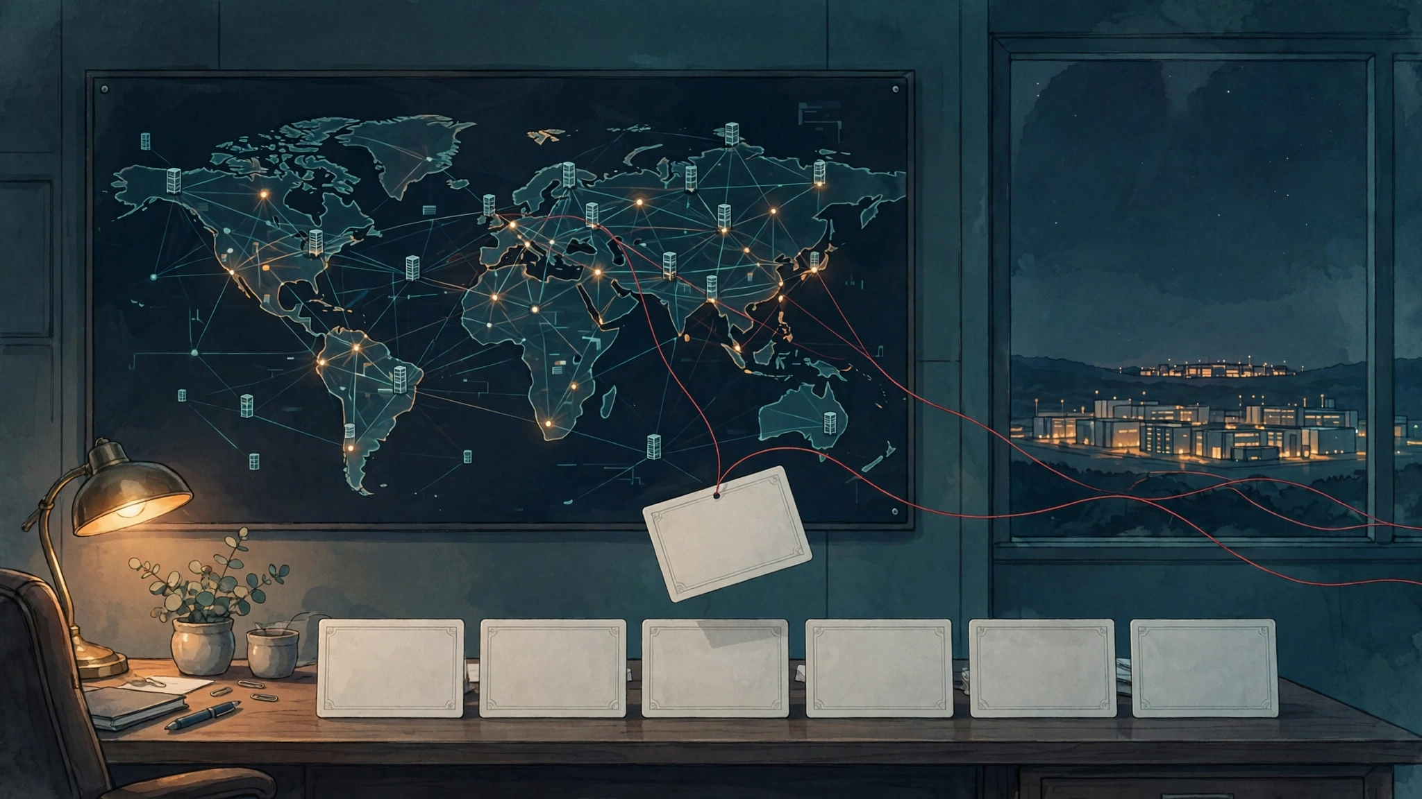 Original editorial illustration of a quiet office at night, a row of blank domain-name cards on a desk, one card lifted by a thin red thread running out through a dark world network map toward distant servers, amber and teal grade