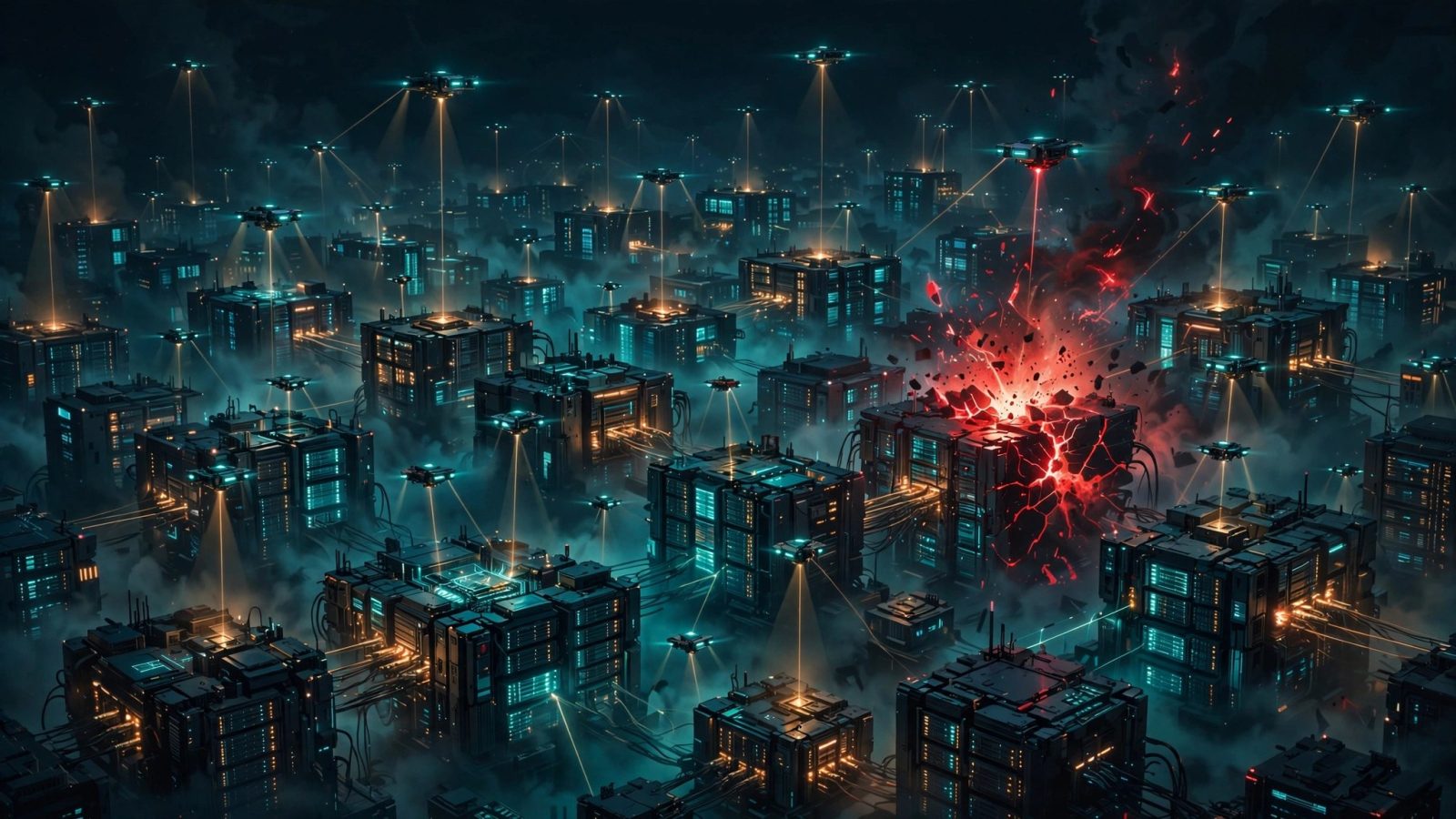 Original illustration of glowing server nodes probed by autonomous drones at night, with one node flaring red where an AI-agent breach lands