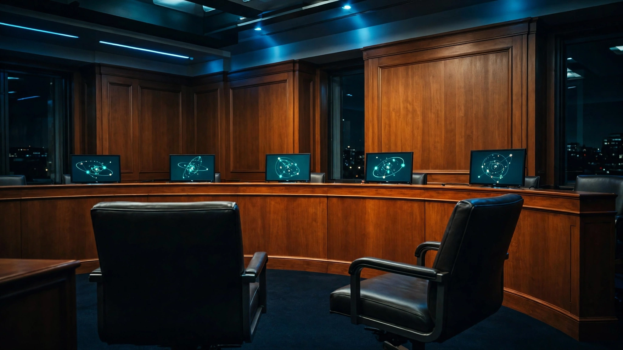 Original editorial illustration of a dark congressional hearing room at night: empty witness chairs facing a long curved dais, five small glowing screens on the dais each showing an abstract agent-orbit diagram, cold blue light against warm amber wood panelling