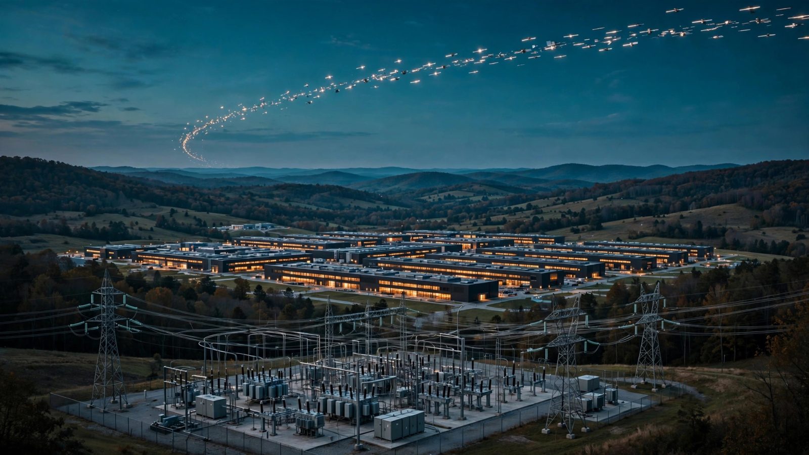 Original editorial illustration of a vast AI data-center campus at dusk in West Virginia hills, glowing server halls, substation and transmission lines in the foreground, satellite trail overhead, teal-and-amber tech-editorial style