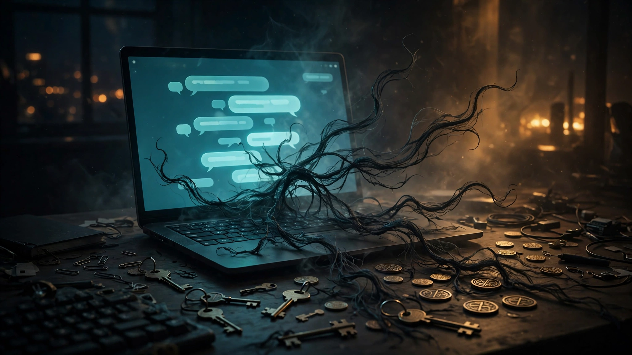 Original editorial illustration of a dark developer workstation at night: a laptop screen glowing with a generic chat interface, shadowy thread-like tendrils reaching from the screen toward scattered key and token shapes on the desk, amber and teal grade