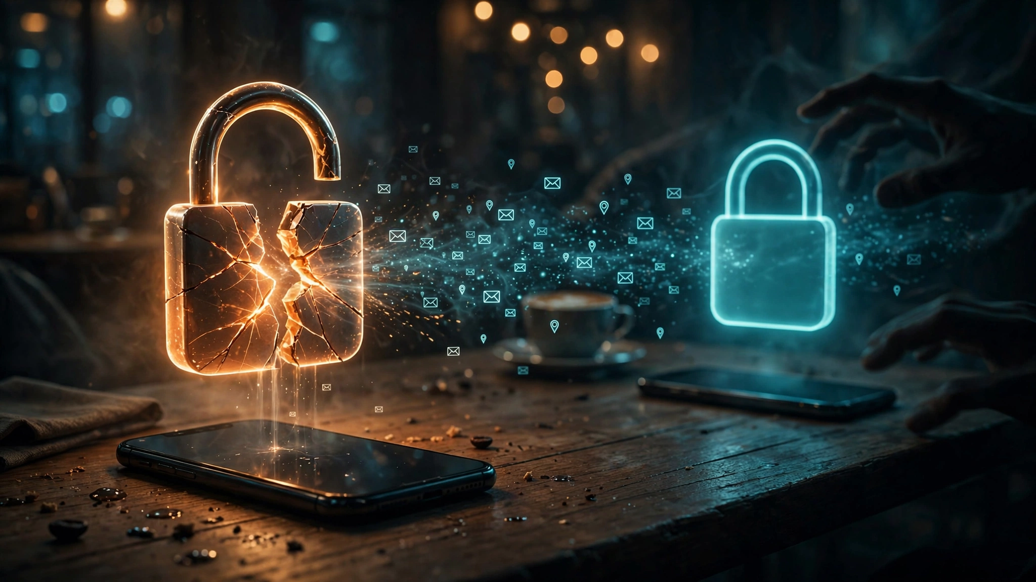 Original editorial illustration of a smartphone on a cafe table with a cracked amber padlock leaking envelope and location-pin data streams toward shadowy hands, and a solid glowing cyan padlock behind it, dark photorealistic 3D style, amber/teal grade