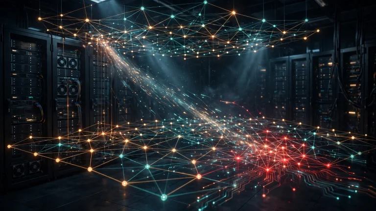Illustration: a dark server room with a lattice of glowing network nodes, one cluster highlighted in red as compromised, with circuit-trace trails converging on it