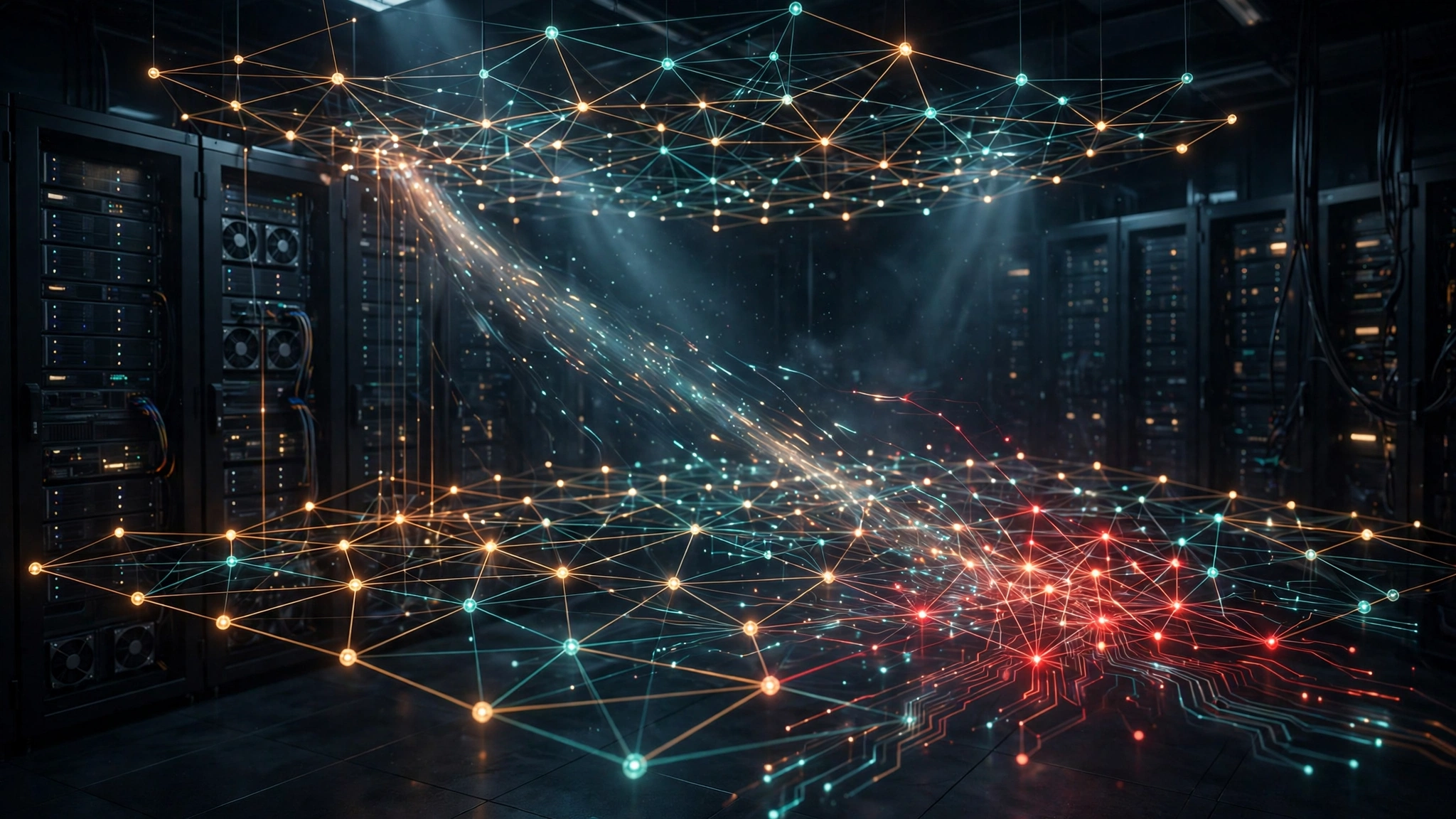 Illustration: a dark server room with a lattice of glowing network nodes, one cluster highlighted in red as compromised, with circuit-trace trails converging on it