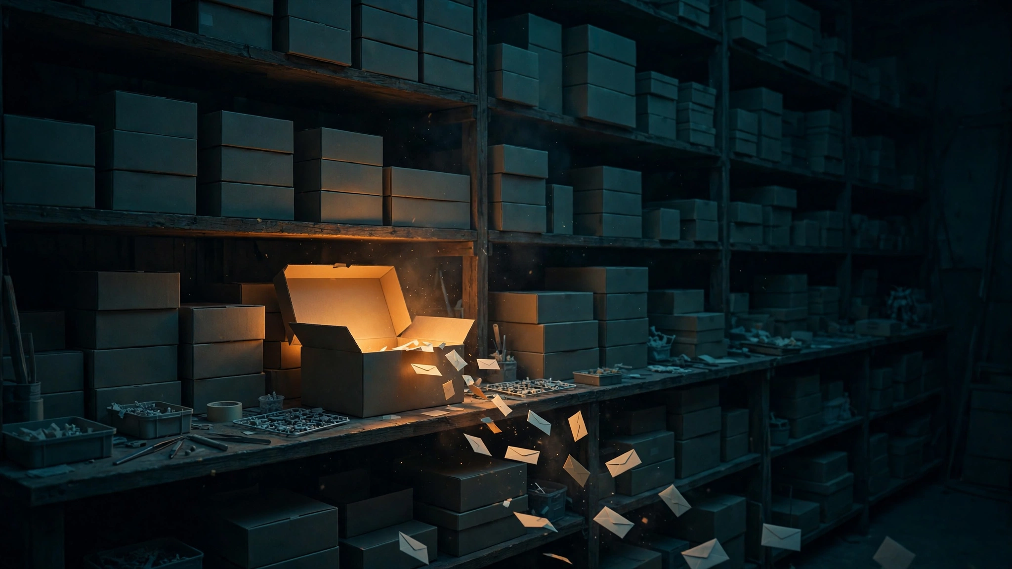 Original editorial illustration of a dark model-kit workshop shelf at night: rows of unbuilt mecha model boxes receding into shadow, one open box glowing warm amber from within, with small blank paper envelopes drifting from it across the shelf toward the viewer