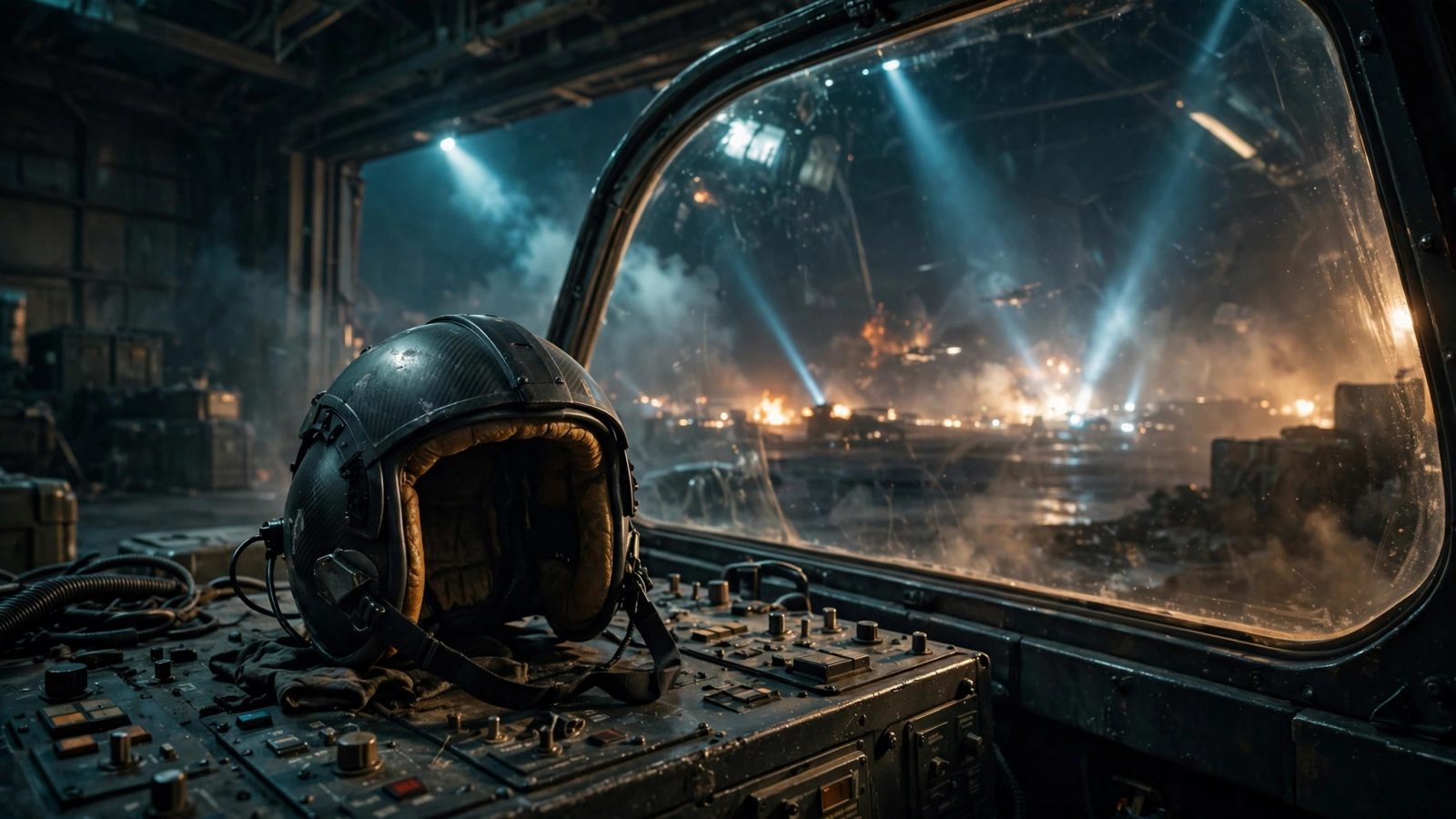 Original editorial illustration of a lone starfighter pilot's helmet resting on a hangar console at night, cinematic teal-and-amber tech-editorial style
