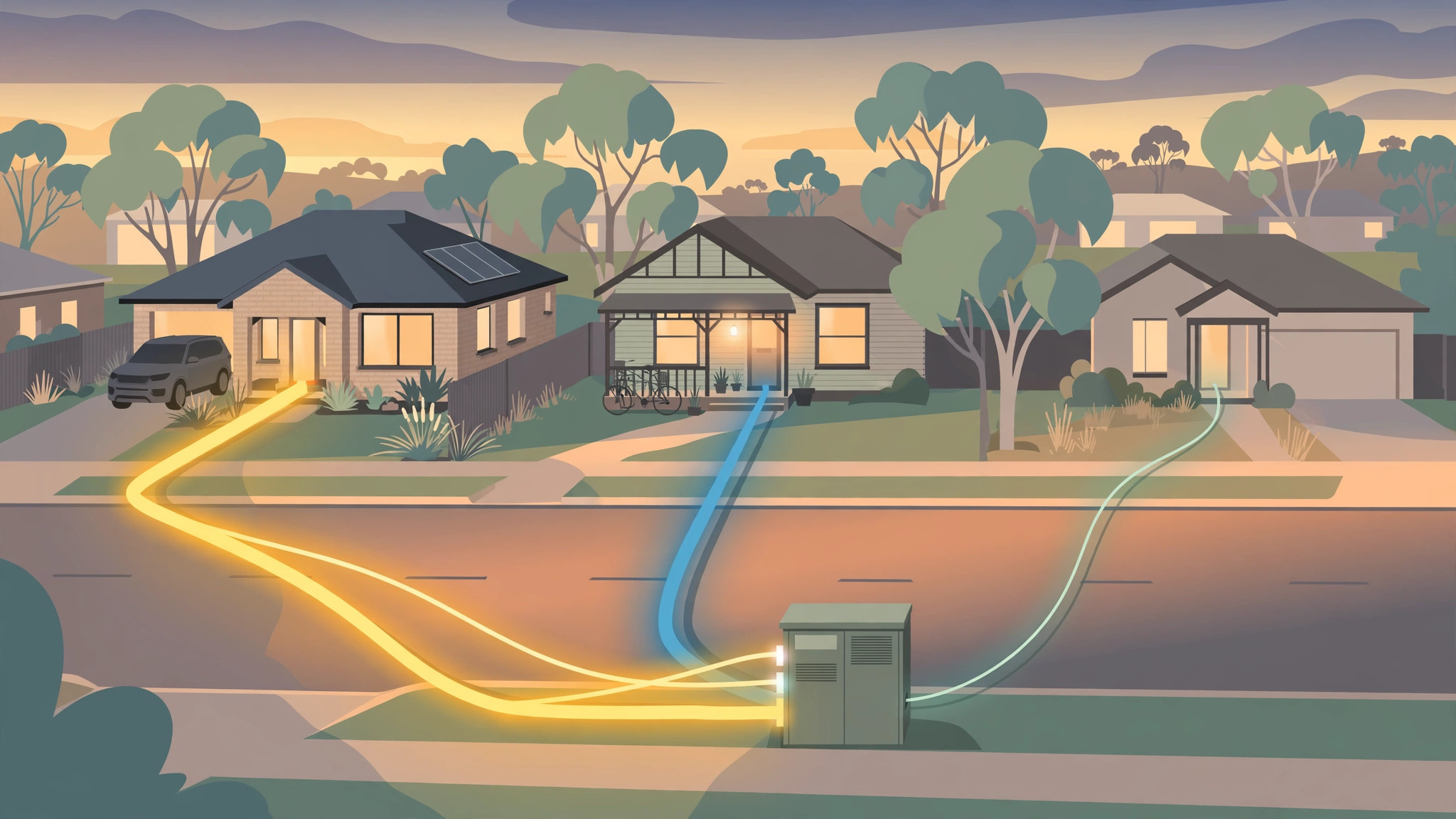 Illustration of a suburban Australian streetscape at dusk with three homes connected to a streetside NBN node box by glowing lines of different colours and thickness