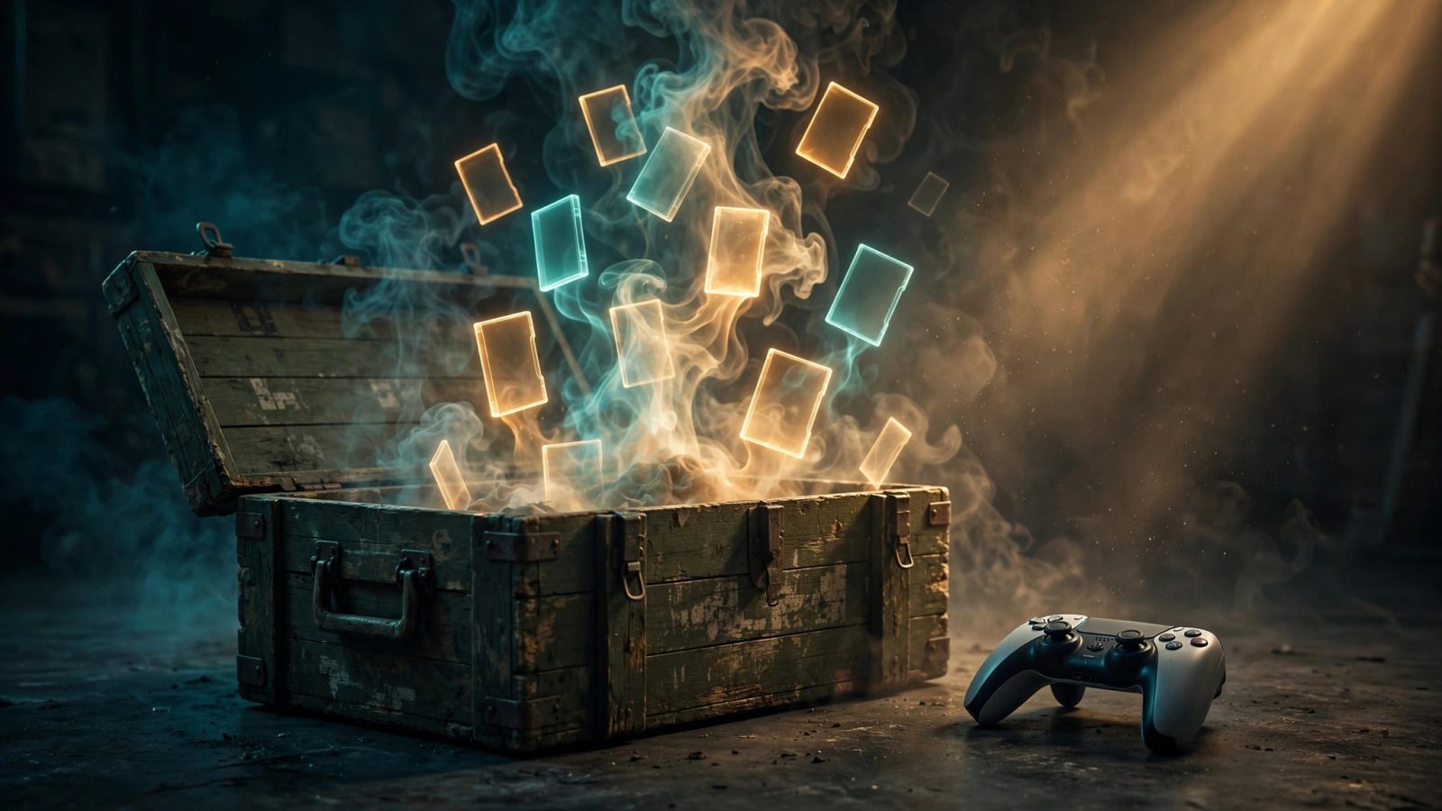 Original illustration of a weathered supply crate releasing retro game cases beside a modern controller, representing old games making new money
