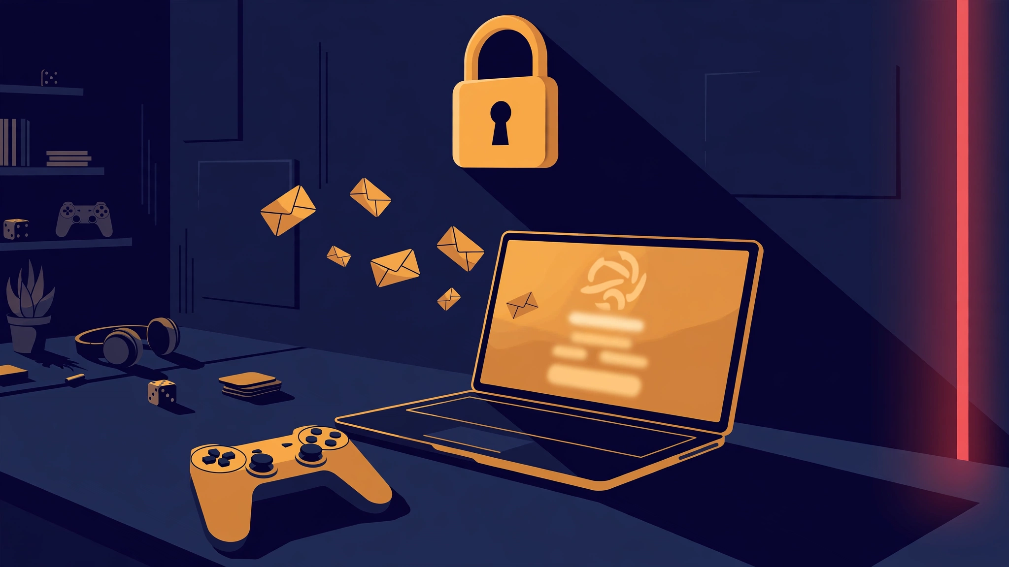 Illustration: a game controller and laptop on a desk under a large hovering padlock, with envelope icons drifting toward the screen and a red warning glow