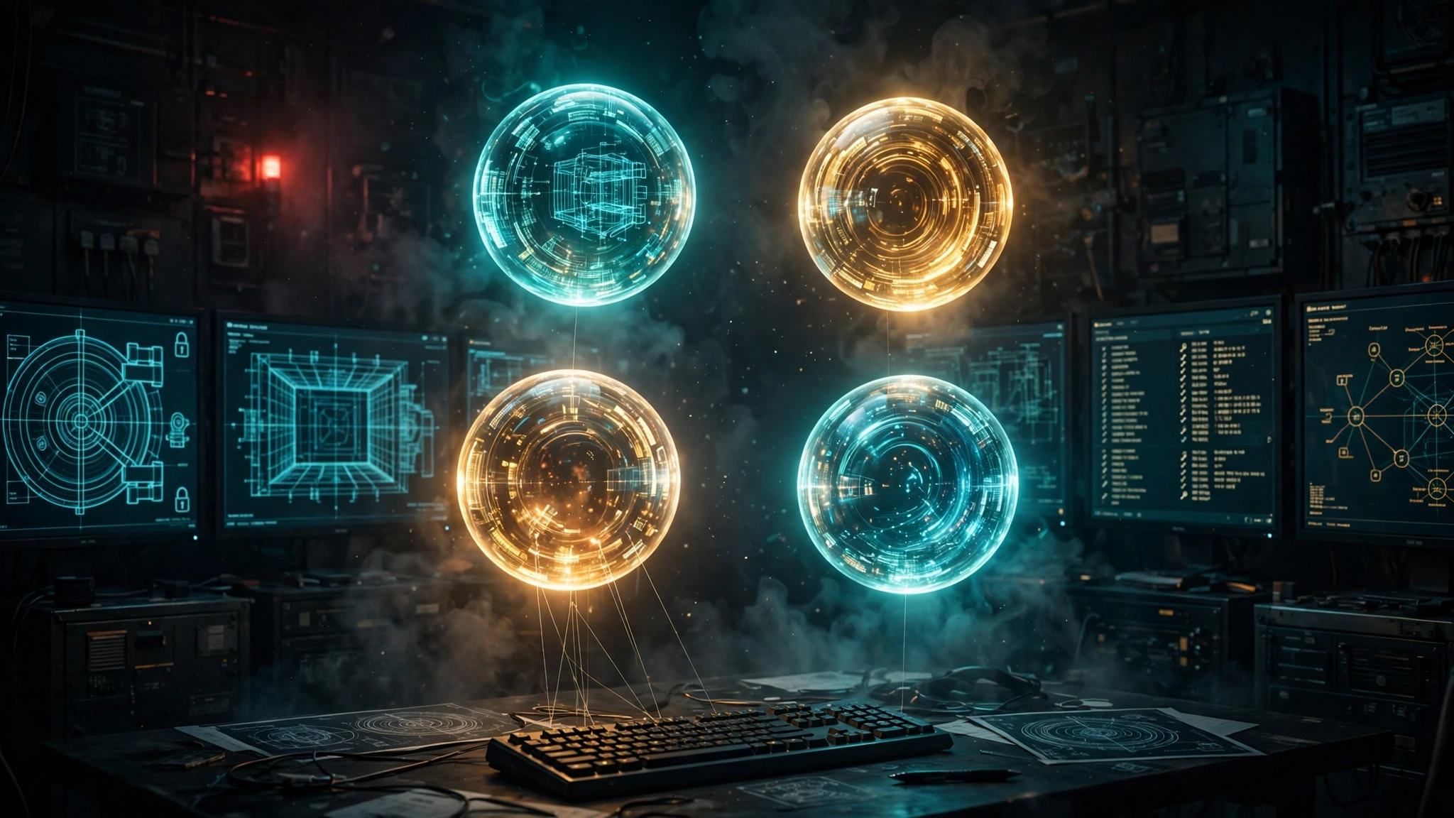 Illustration: a shadowy war-room with monitors showing bank vault schematics; four glowing AI orbs in a circle above a table with puppet strings down to a keyboard; faint red warning glow