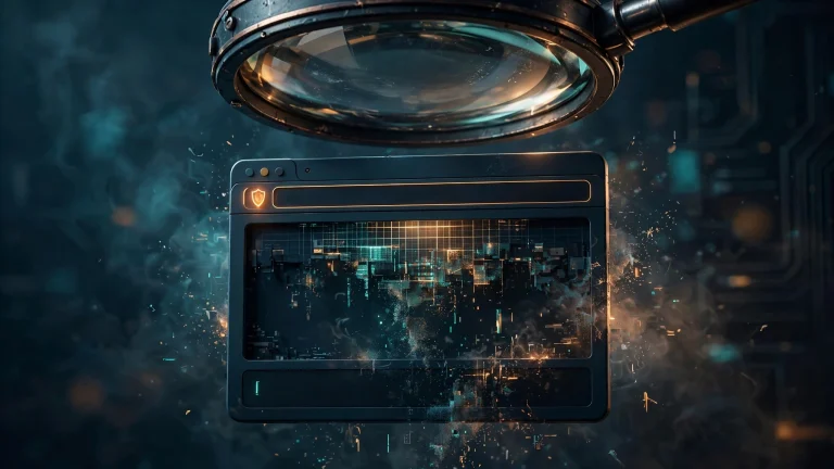 Illustration: a stylized browser window under a magnifying lens with an amber warning shield on the address bar; a command-line string dissolving into static before reaching a terminal prompt