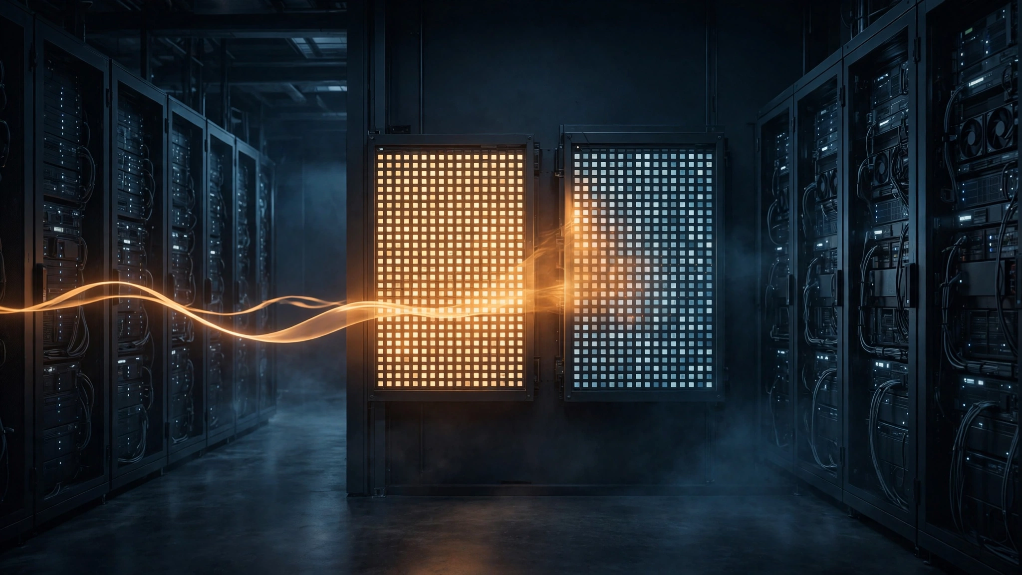 Original editorial illustration of a dark server hall at night: two adjacent glowing memory-grid panels, warm amber light from the left panel spilling across the boundary into its neighbour, and a long ribbon of amber light stretching past the edge of its own panel