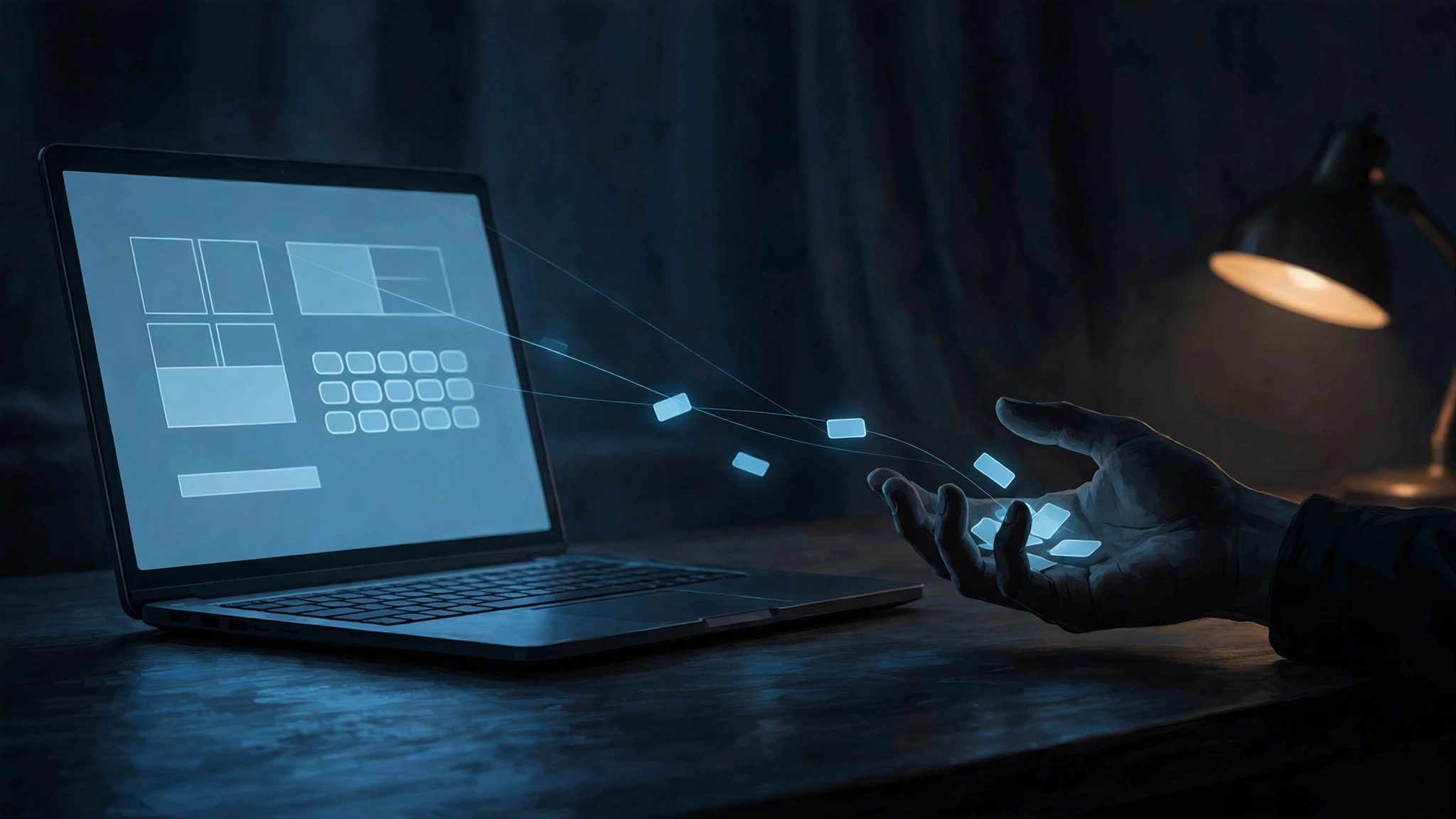 Original editorial illustration of a dark online checkout scene at night: a laptop showing a shopping cart page, its screen glow reflected on a desk, while a thin thread of light runs from the page to a shadowed hand collecting small glowing card shapes, deep blue-grey palette with one muted amber accent from a desk lamp