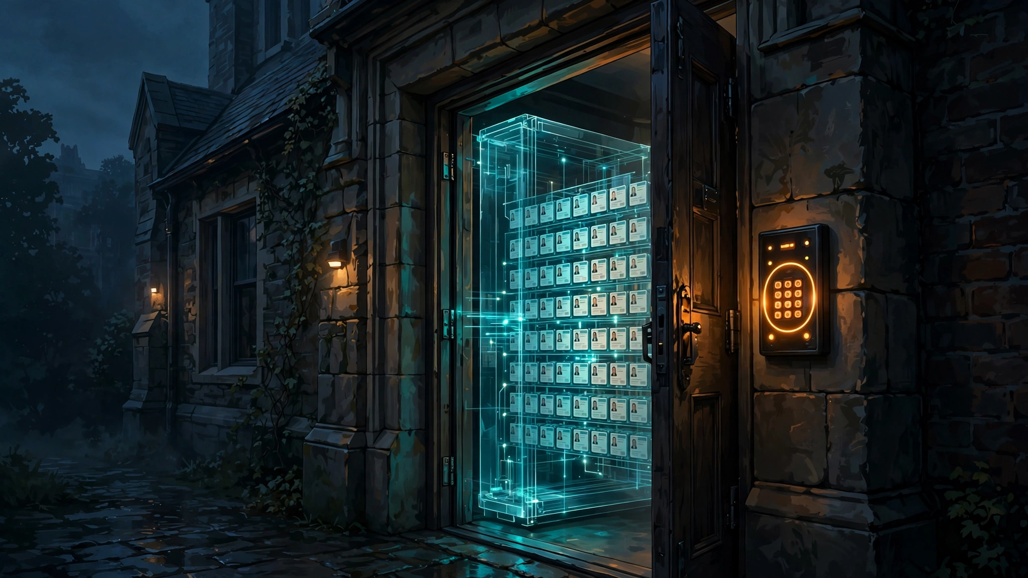 Original editorial illustration of a university building at dusk with a side door ajar and a glowing keypad, while a translucent test-server rack behind it holds rows of identity cards, dark background, teal and amber accents