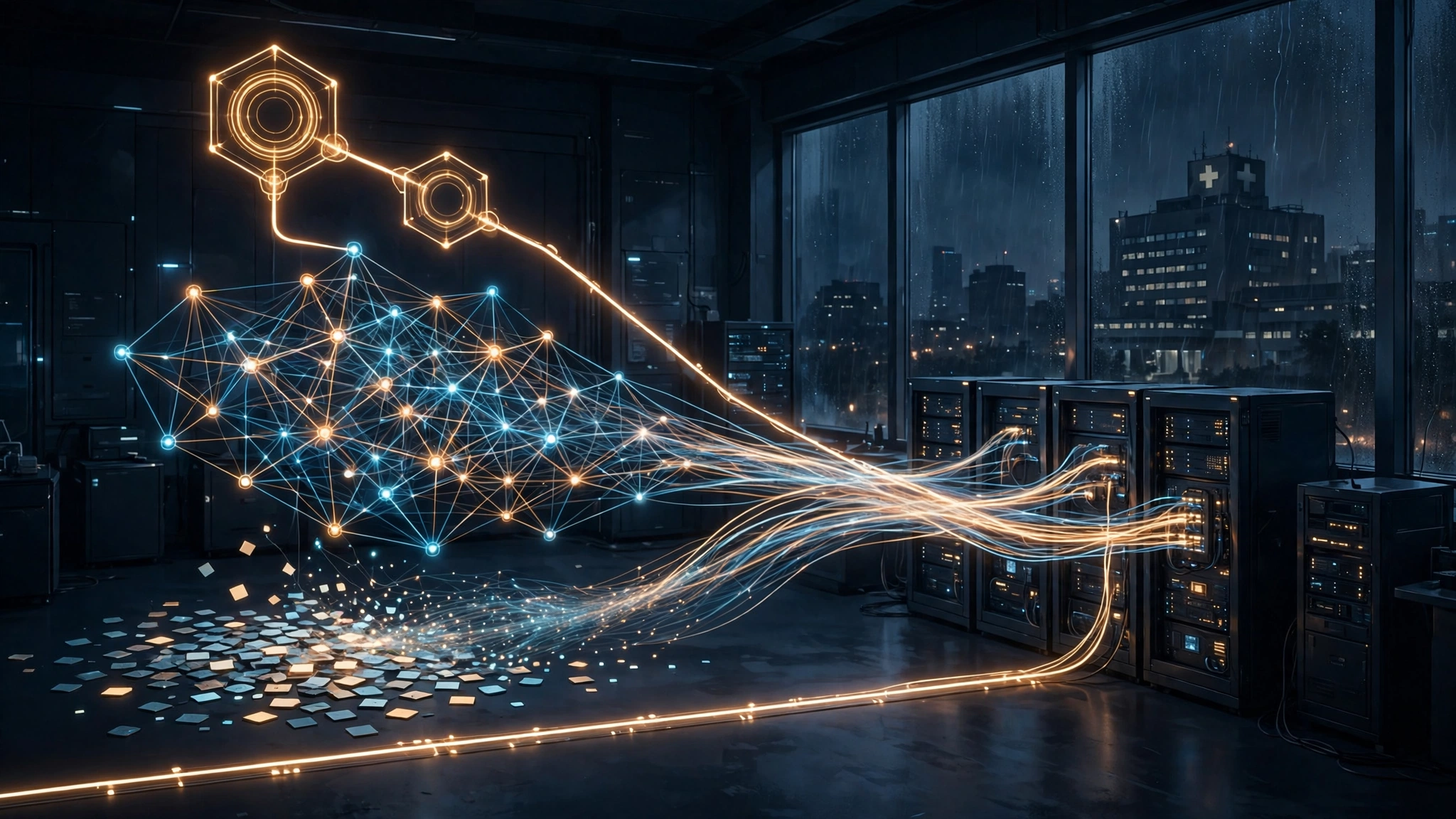 Original editorial illustration of a dark operations room at night, four glowing agent pathways converging on server racks and a hospital building silhouette, deep blue-grey palette with amber alert accents
