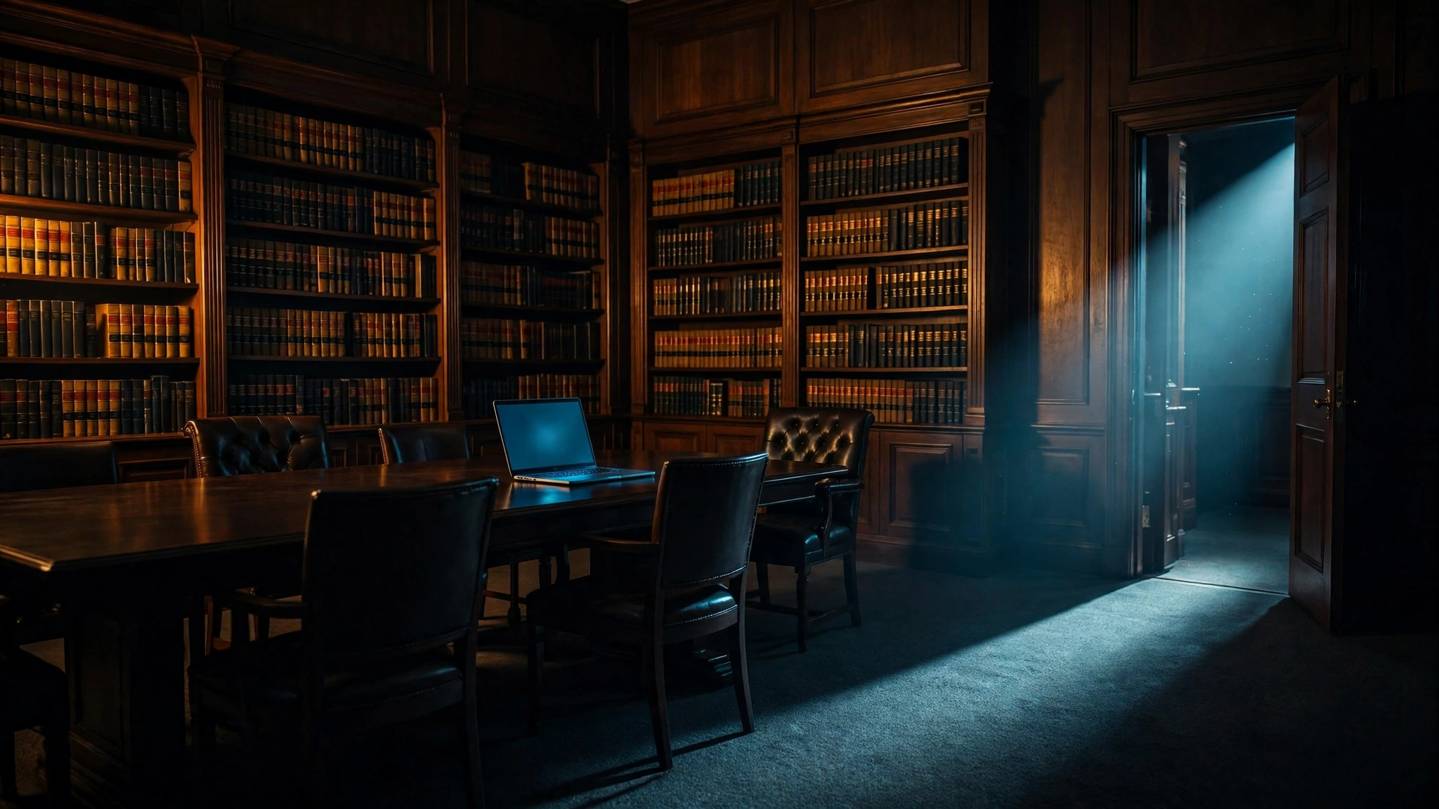 Original editorial illustration of a law office at night: tall bookshelves and a conference table in shadow, a single office door ajar with a thin shaft of cold light falling across the carpet, a laptop open on the table with a faint blue glow