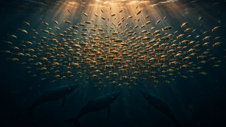 Illustration: a dark deep-sea scene, a vast school of small glowing amber fish swarming upward while enormous dark whale silhouettes sink below, teal circuit-trace patterns on the fish