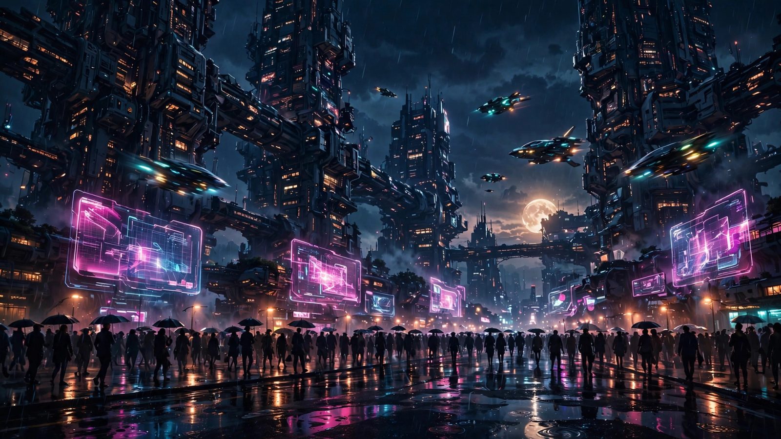 Original editorial illustration of a rain-soaked neon metropolis street at night in a cyberpunk aesthetic: holographic billboards glowing over silhouetted pedestrians, flying vehicles crossing a dark sky between towering blocks, a large full moon low on the horizon, deep navy and magenta palette with amber accents