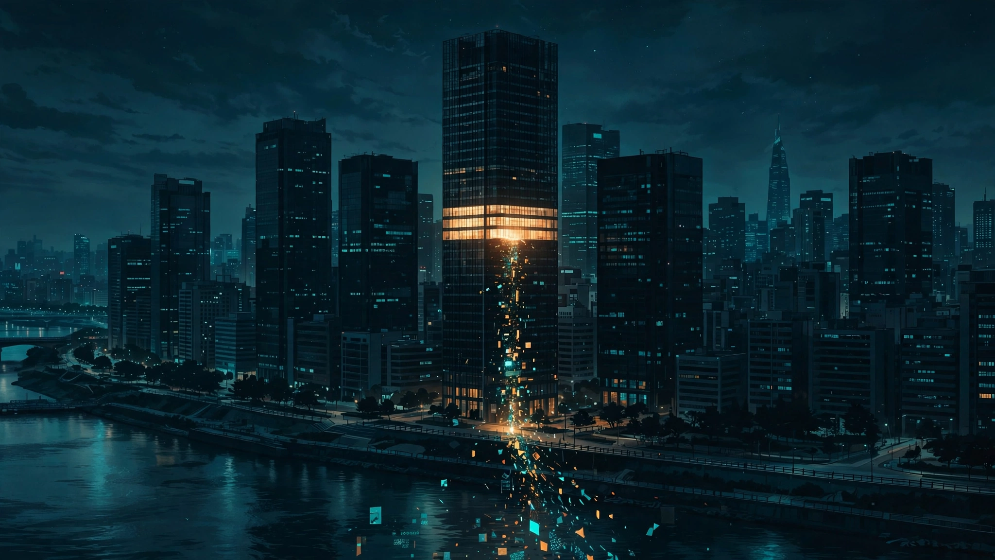 Original editorial illustration of a dark Seoul financial-district skyline at night: one office tower with a single floor glowing amber while the rest stays dark, and a thin stream of glowing data fragments drifting from that floor toward the street below