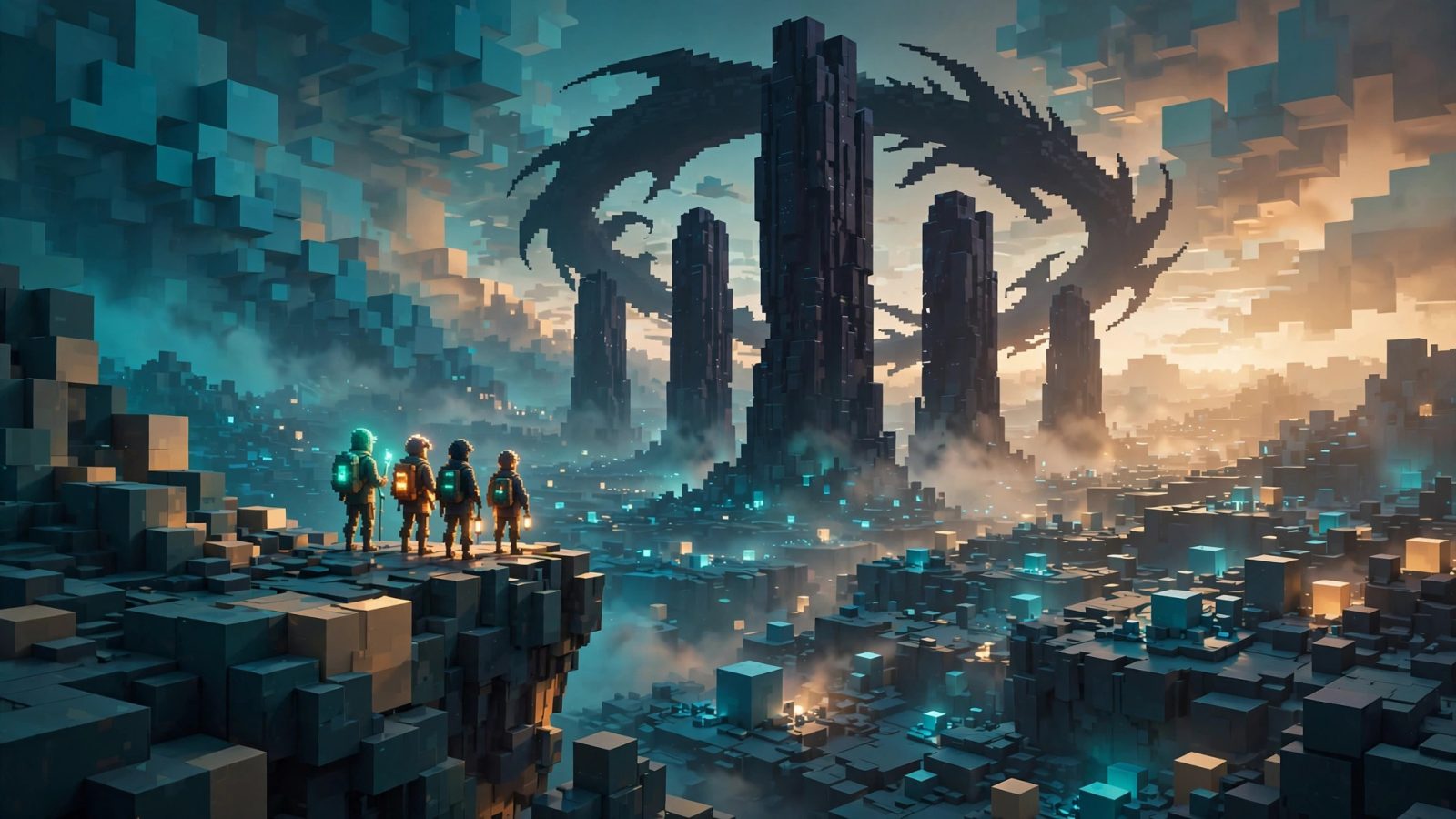 Original illustration: four glowing explorer figures on a voxel-game cliff edge facing a voxel dragon silhouette circling obsidian pillars at dawn, teal and amber grade