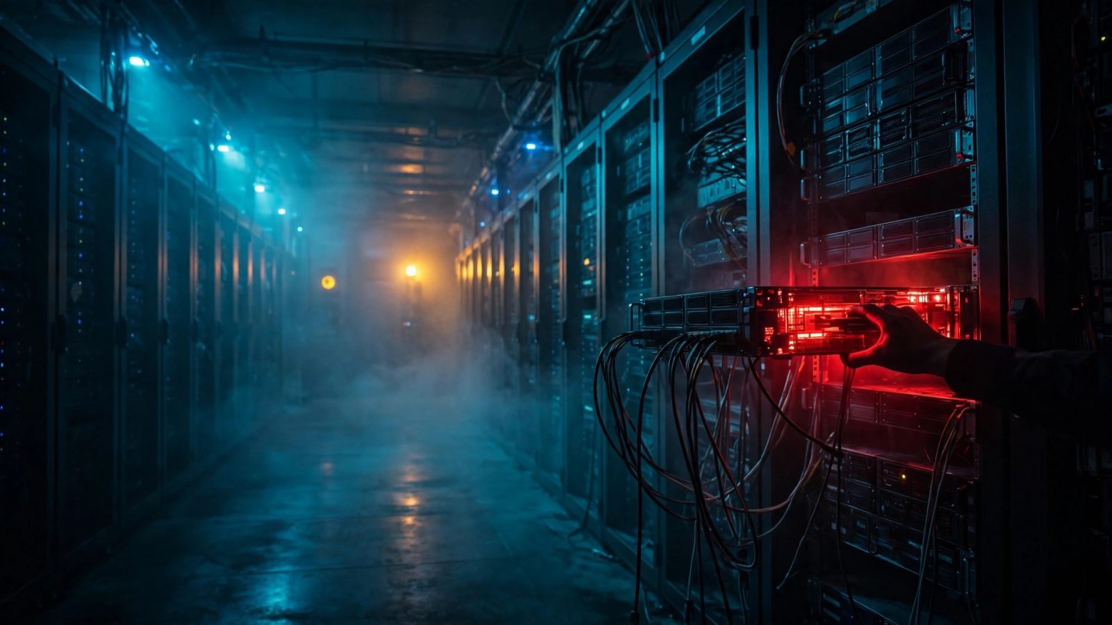 Original illustration: a dark government server room at night, rows of racks with one glowing red node being pulled out by a silhouetted hand, cables hanging, cool blue emergency lighting with an amber alarm glow in the distance, teal and amber grade
