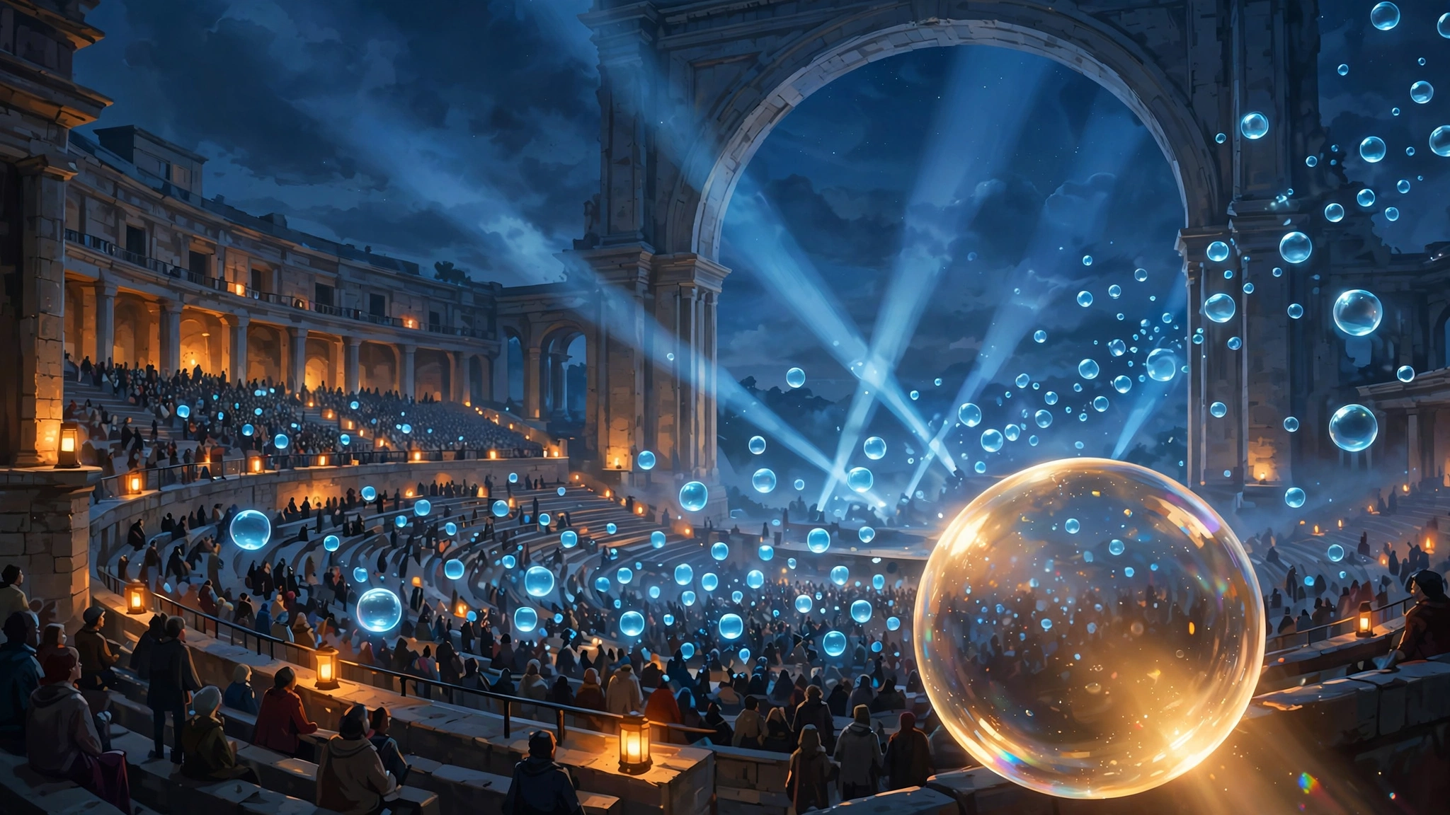 Original editorial illustration of a large public chat hall at dusk rendered as an open amphitheatre, rows of glowing message bubbles rising from the crowd and drifting out through an open archway into a night sky filled with search-light beams, one bubble catching the light in the foreground