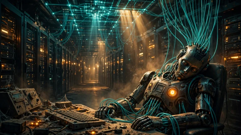 Illustration: a slumped robot asleep at a dusty console with one amber power light on, dozens of live teal cable threads running from it into a glowing network grid above