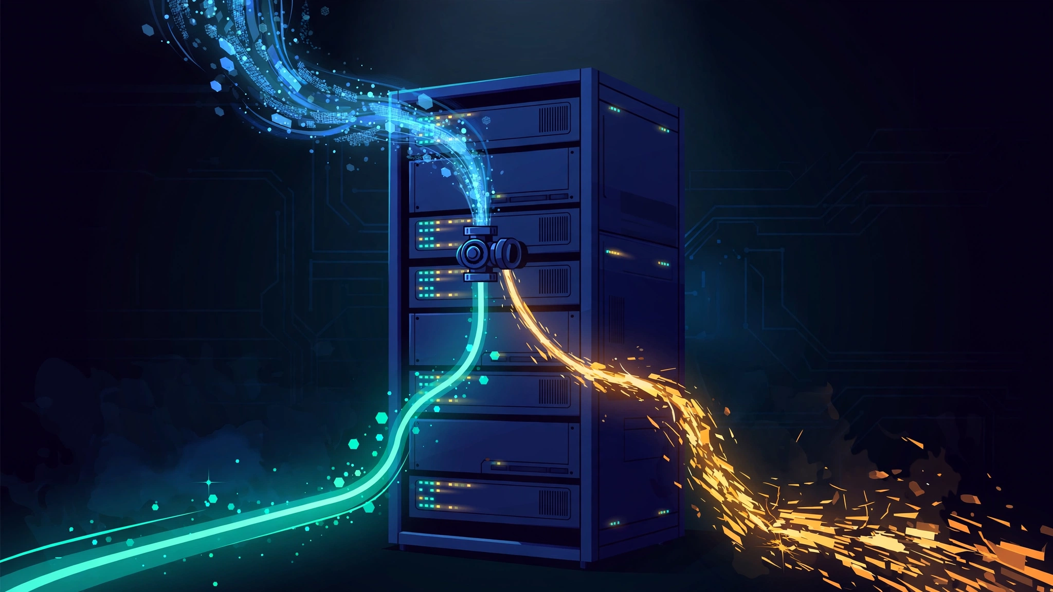 Original editorial illustration of a deep-blue server rack with a glowing compressed-data stream splitting at a decompression valve into a clean teal path and a corrupted amber path, on a dark background
