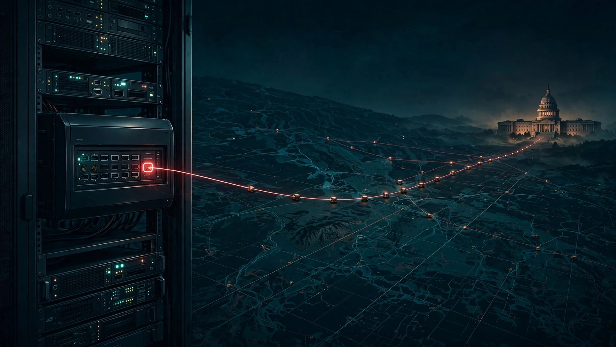 Original editorial illustration of a firewall appliance on a server rack at night, its management port glowing red, a thin red thread running from the port out through a dark network map to a distant government-style building, with small dimmed nodes parked along the thread