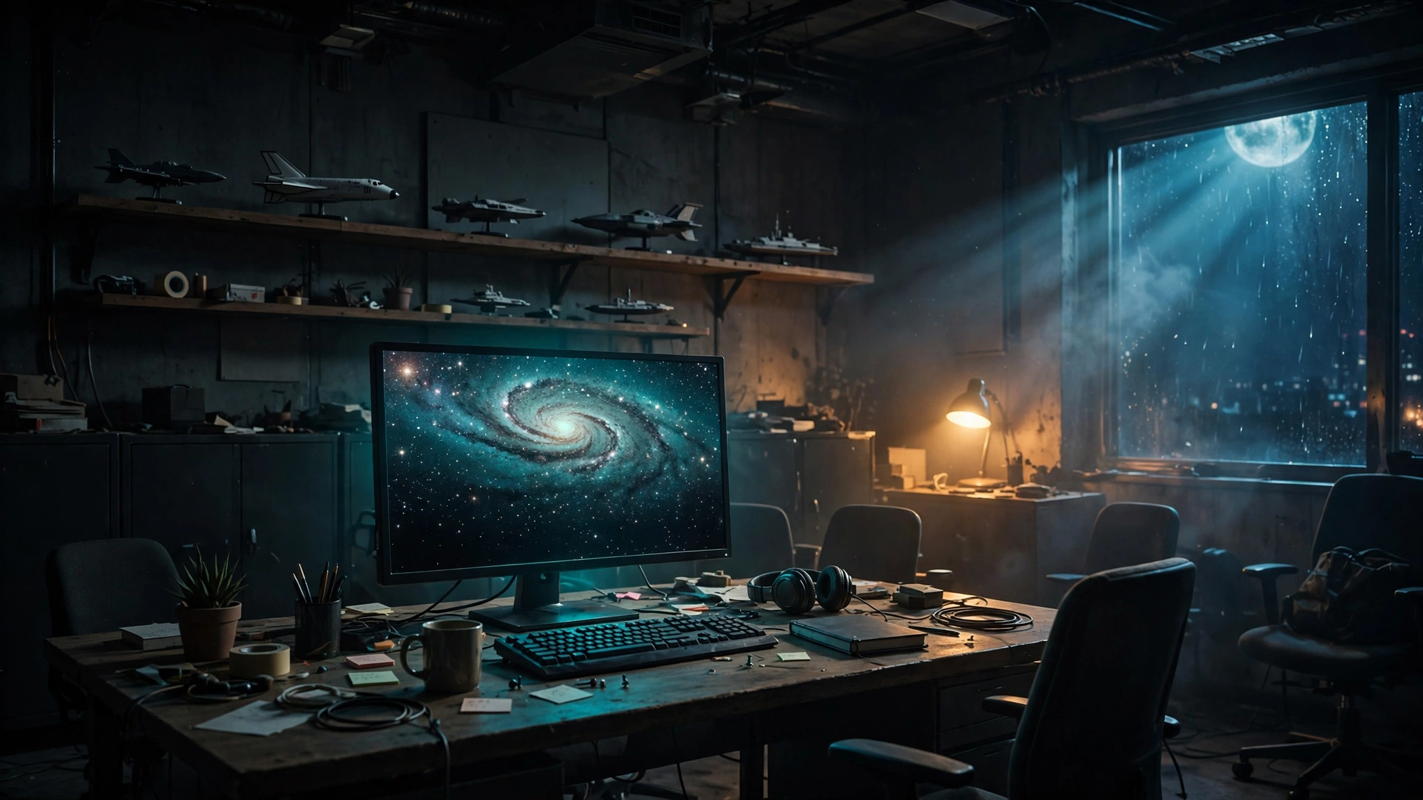 Illustration: a dimmed, empty game-studio office at night — deserted desks, a glowing monitor showing a galaxy map fading to black, spaceship models on a shelf
