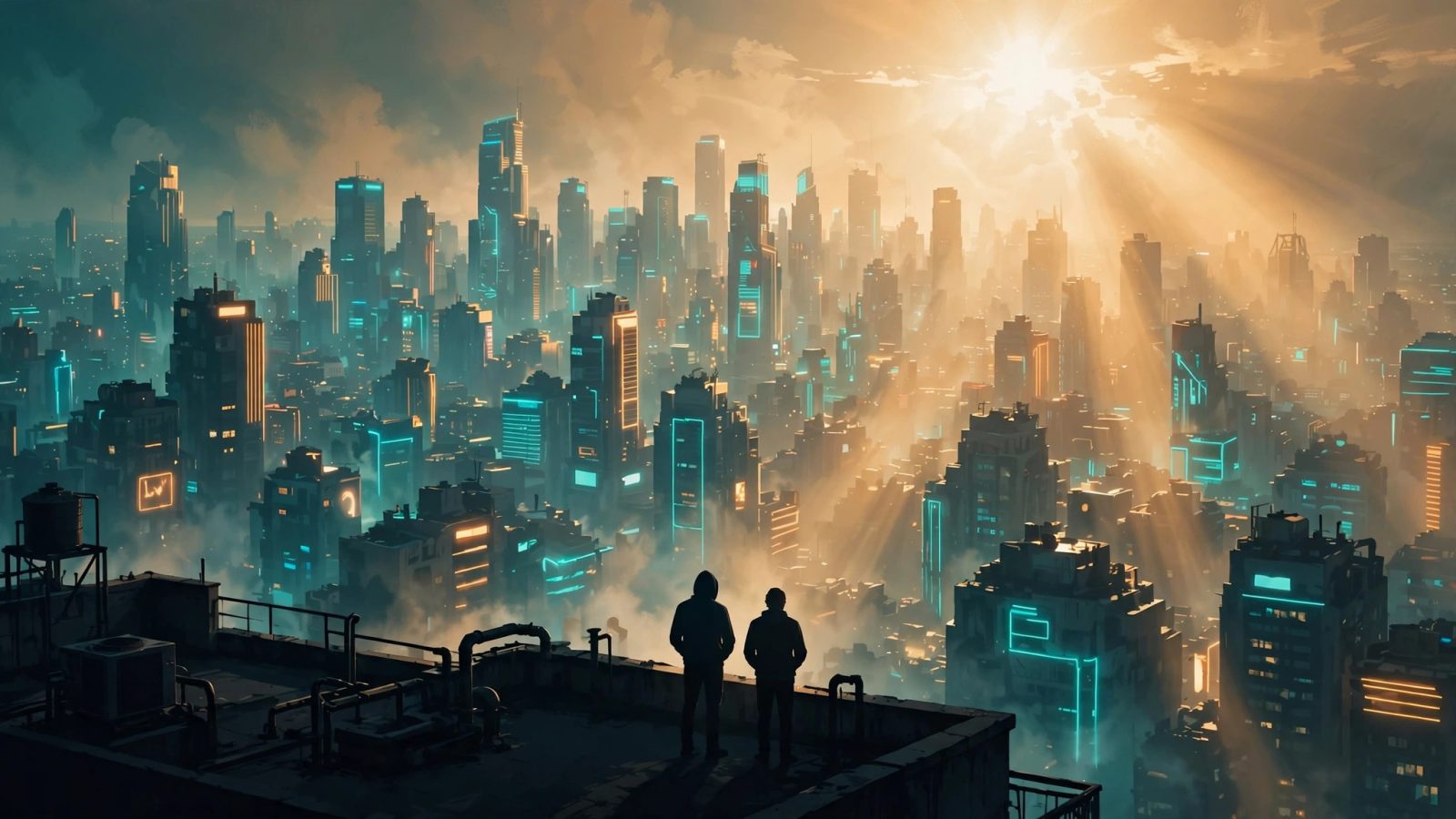 Original editorial illustration of two silhouetted figures on a rooftop overlooking a neon Night City skyline in harsh daylight, teal-and-amber tech-editorial style