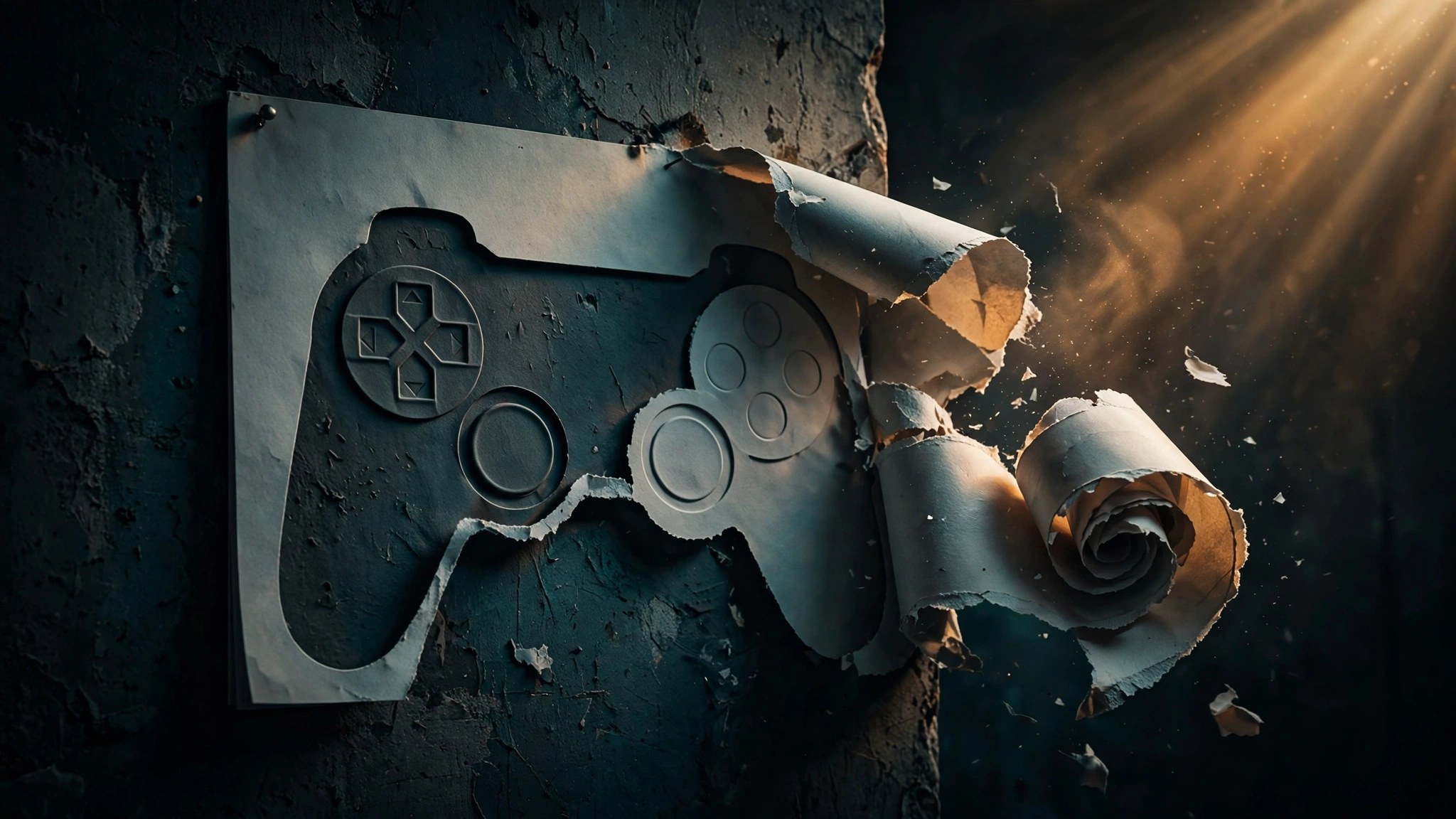 Original editorial illustration of a game-controller-shaped calendar page tearing away from a dark wall, teal-and-amber tech-editorial style