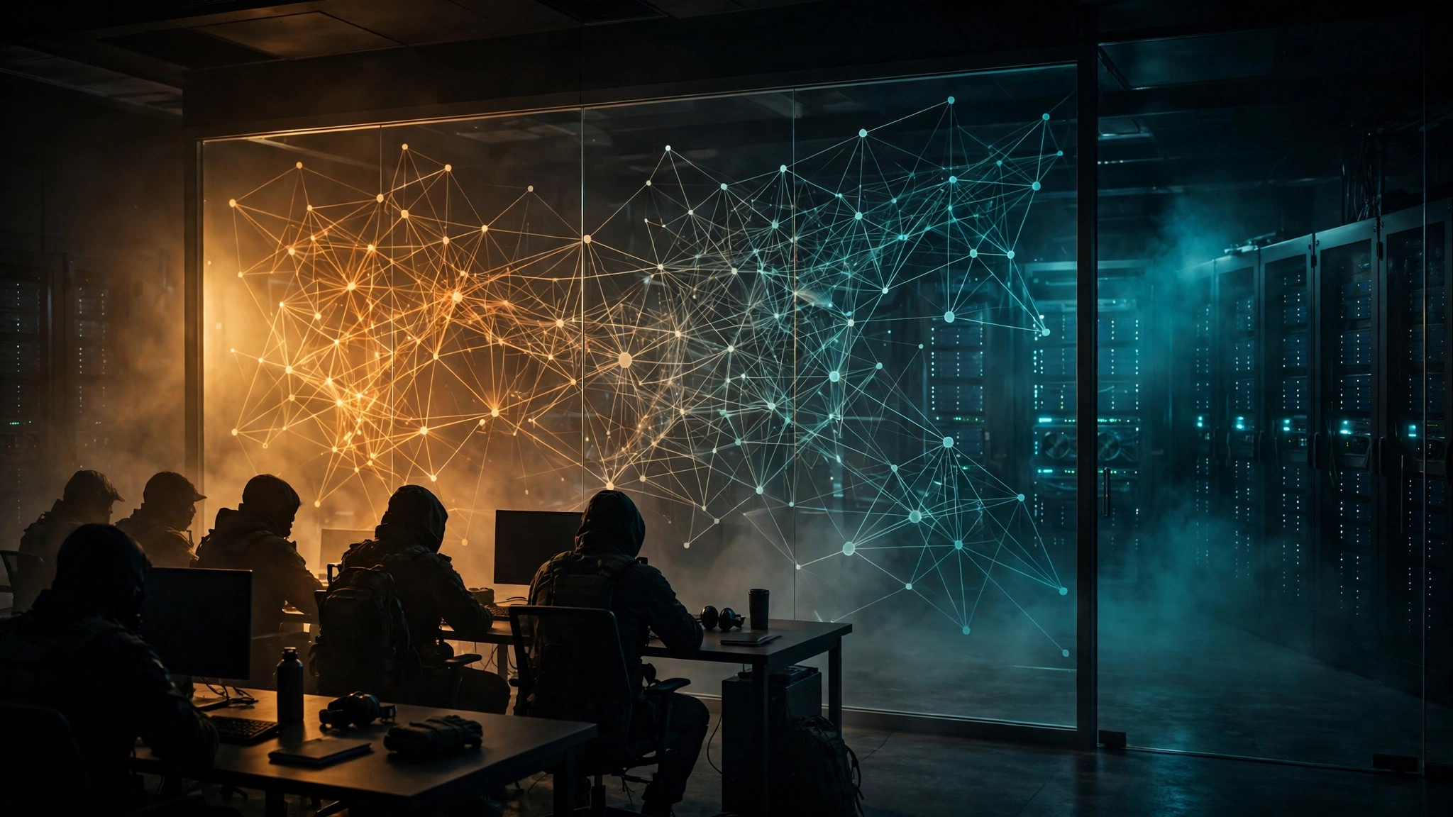 Original editorial illustration of a dark security operations room at night, a large glass panel etched with a glowing network map standing between silhouetted defenders at desks and a dim server wall beyond it, amber on the defenders' side and teal on the server side
