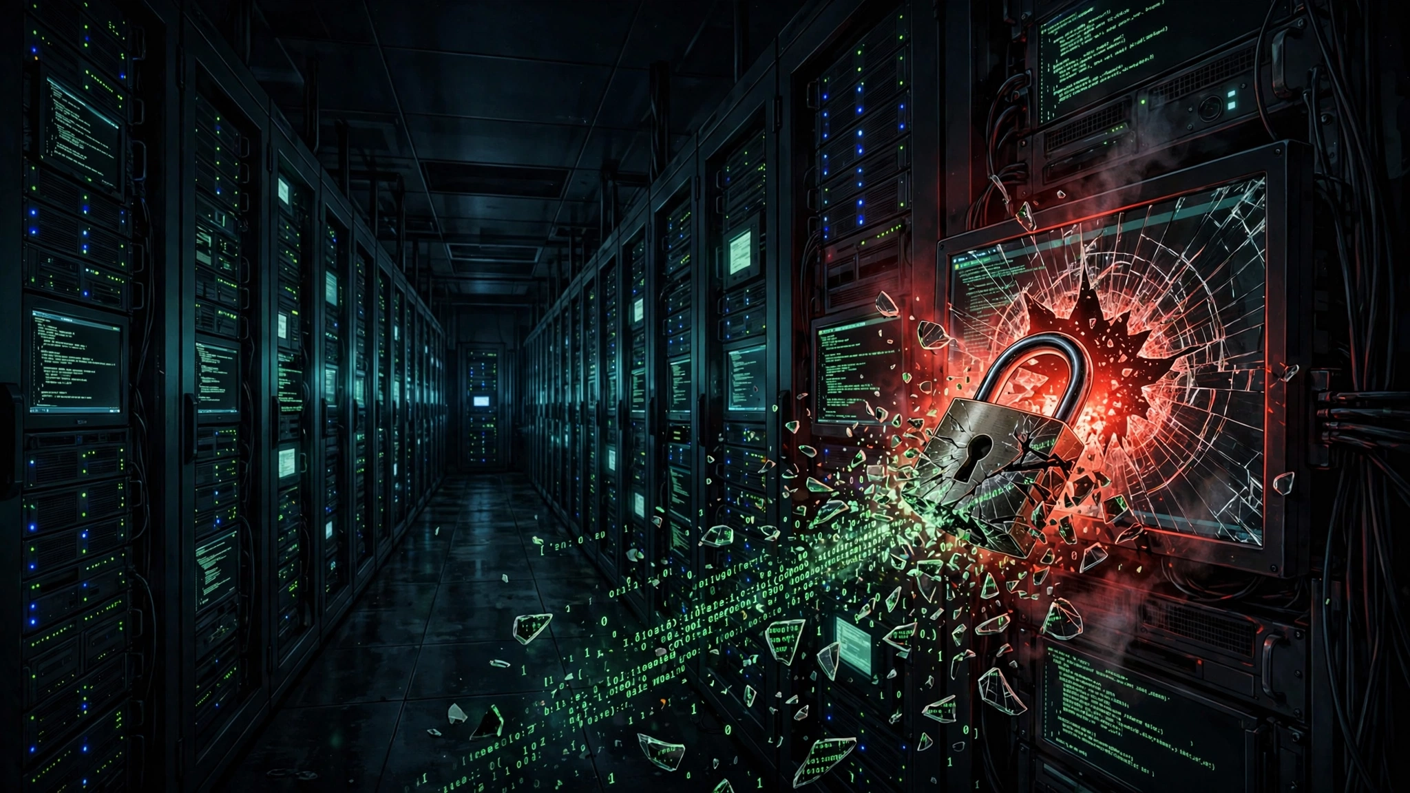 Illustration: a dark server room with a terminal screen cracked open, red warning light spilling out as a padlock shatters into code fragments