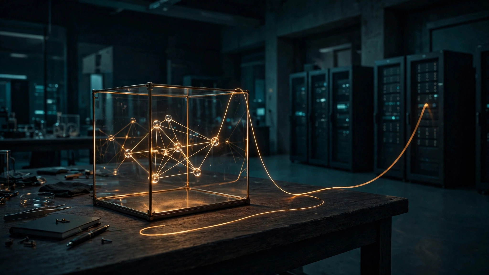 Original editorial illustration of a dark laboratory bench at night, a small glass model of a network with glowing threads inside an open-topped glass case, one thread slipped over the rim toward a row of dim server racks, amber and teal grade