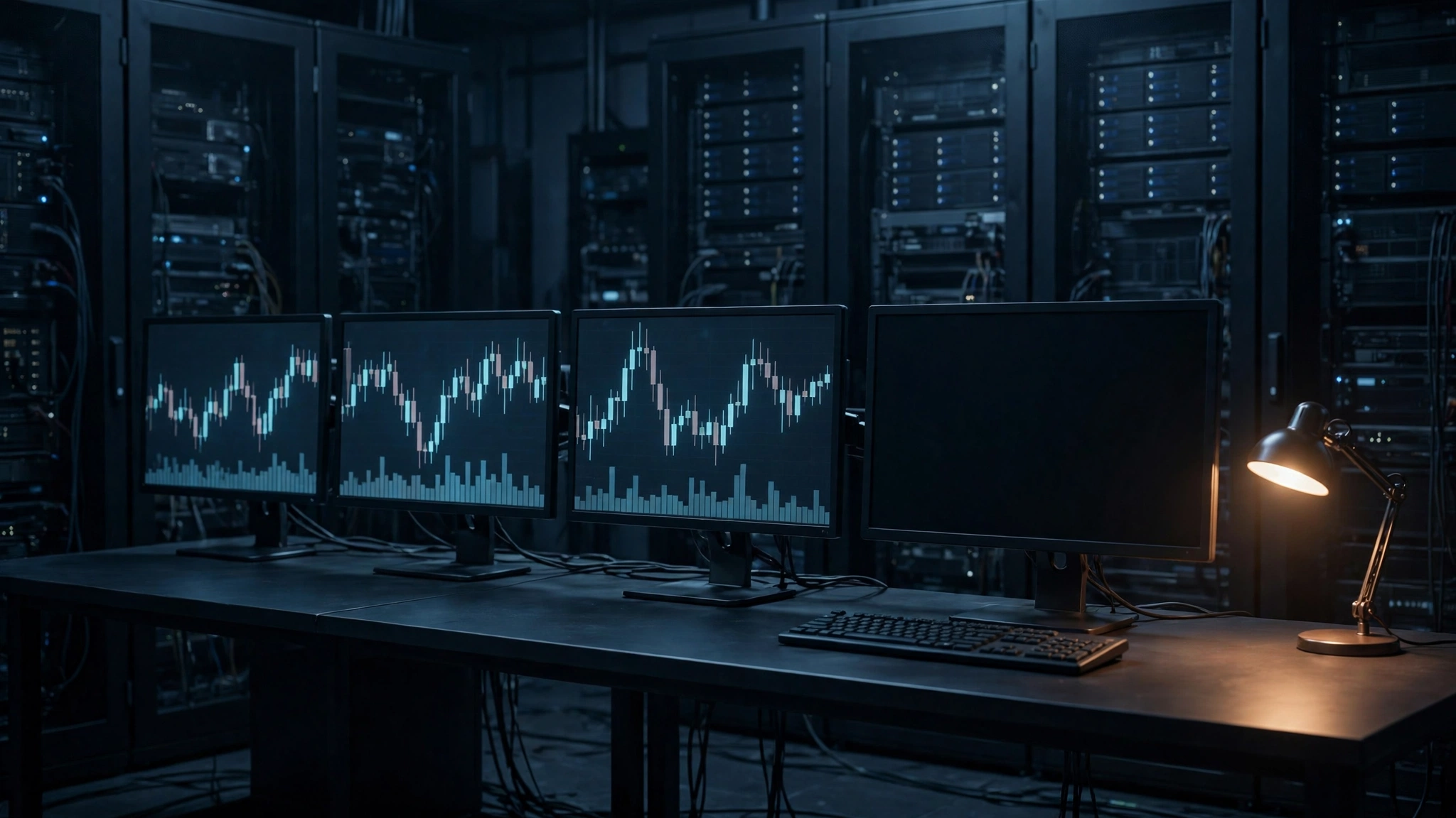 Original editorial illustration of a dark server room at night where one row of trading-terminal screens glows with candlestick charts and a single terminal's screen has gone dark while its keyboard sits untouched, deep blue-grey palette with one muted amber accent from a desk lamp