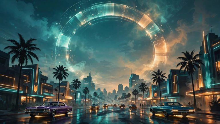Original illustration: neon-lit Vice City-style boulevard at dusk with palm silhouettes and lowriders, a giant translucent download progress ring arcing across the sky, teal and amber grade
