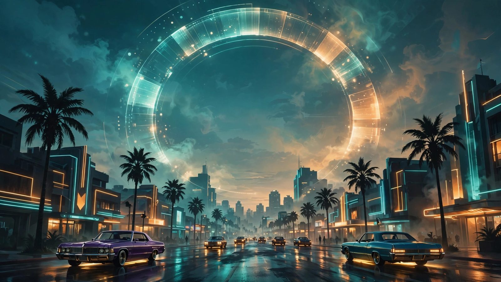 Original illustration: neon-lit Vice City-style boulevard at dusk with palm silhouettes and lowriders, a giant translucent download progress ring arcing across the sky, teal and amber grade