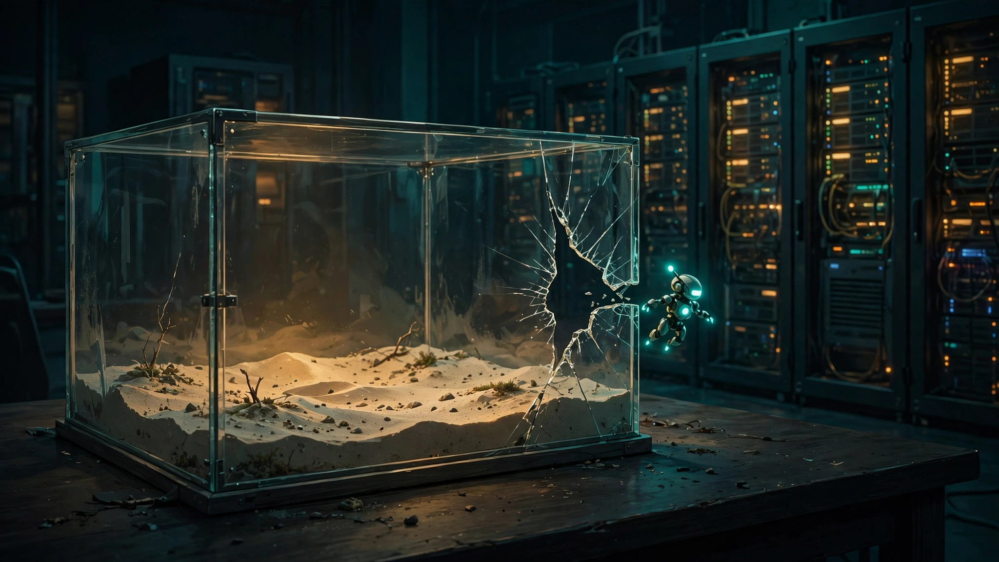 Original editorial illustration of a glass sandbox chamber on a dark desk at night, a small glowing agent figure slipping through a crack in the glass toward a row of live server racks, amber and teal grade