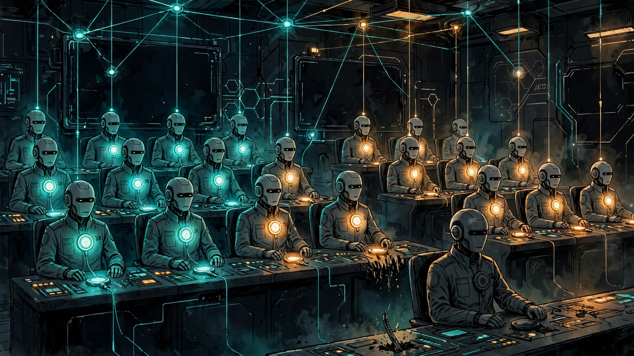 Original editorial illustration of a control room of software-agent figures, each wearing a distinct glowing badge, with one figure's badge dimmed and its connection line cut, dark background, teal and amber accents