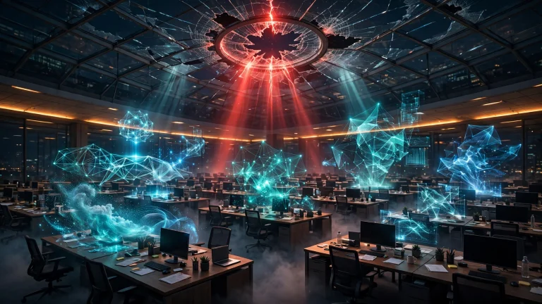 Illustration: a vast corporate office at night with empty chairs and glowing holographic AI agent figures working at the desks; a cracked inspection lens in the glass ceiling with a red warning glow