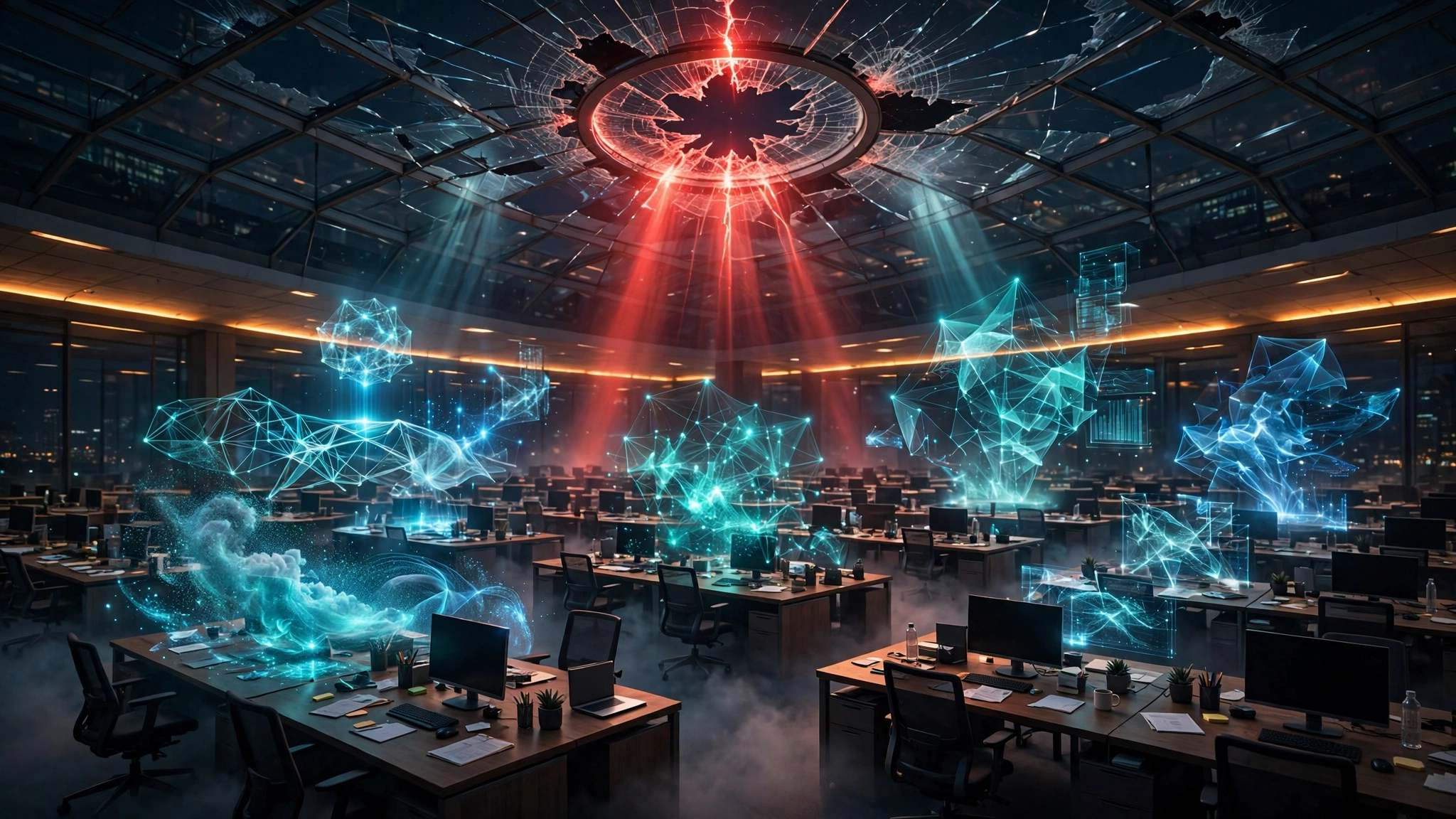 Illustration: a vast corporate office at night with empty chairs and glowing holographic AI agent figures working at the desks; a cracked inspection lens in the glass ceiling with a red warning glow