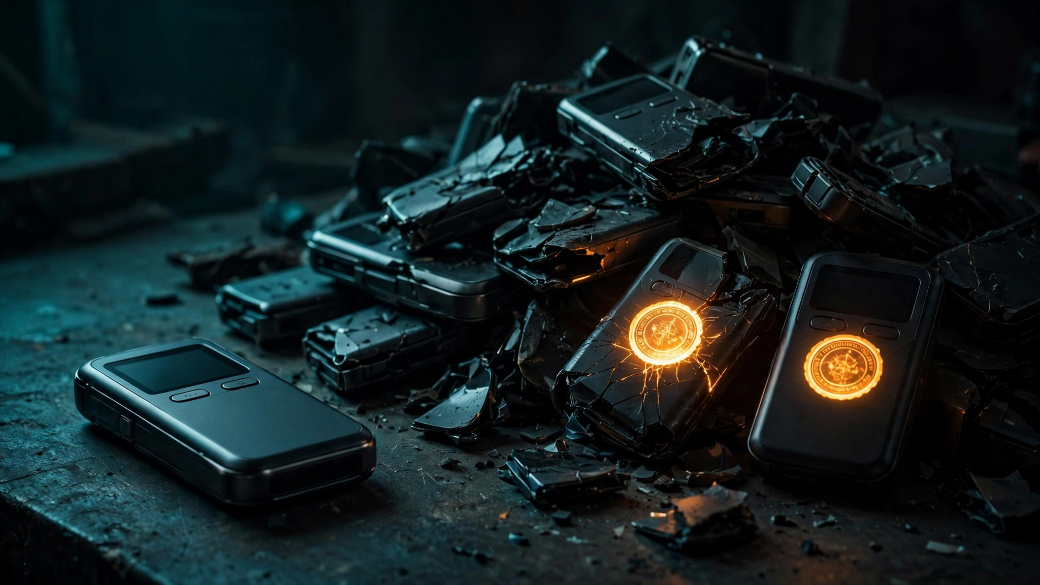 Original editorial illustration of hardware wallet devices on a dark workbench beside a pile of destroyed units, with two glowing amber authenticity seals — the check that can no longer be trusted, dark background, teal and amber accents