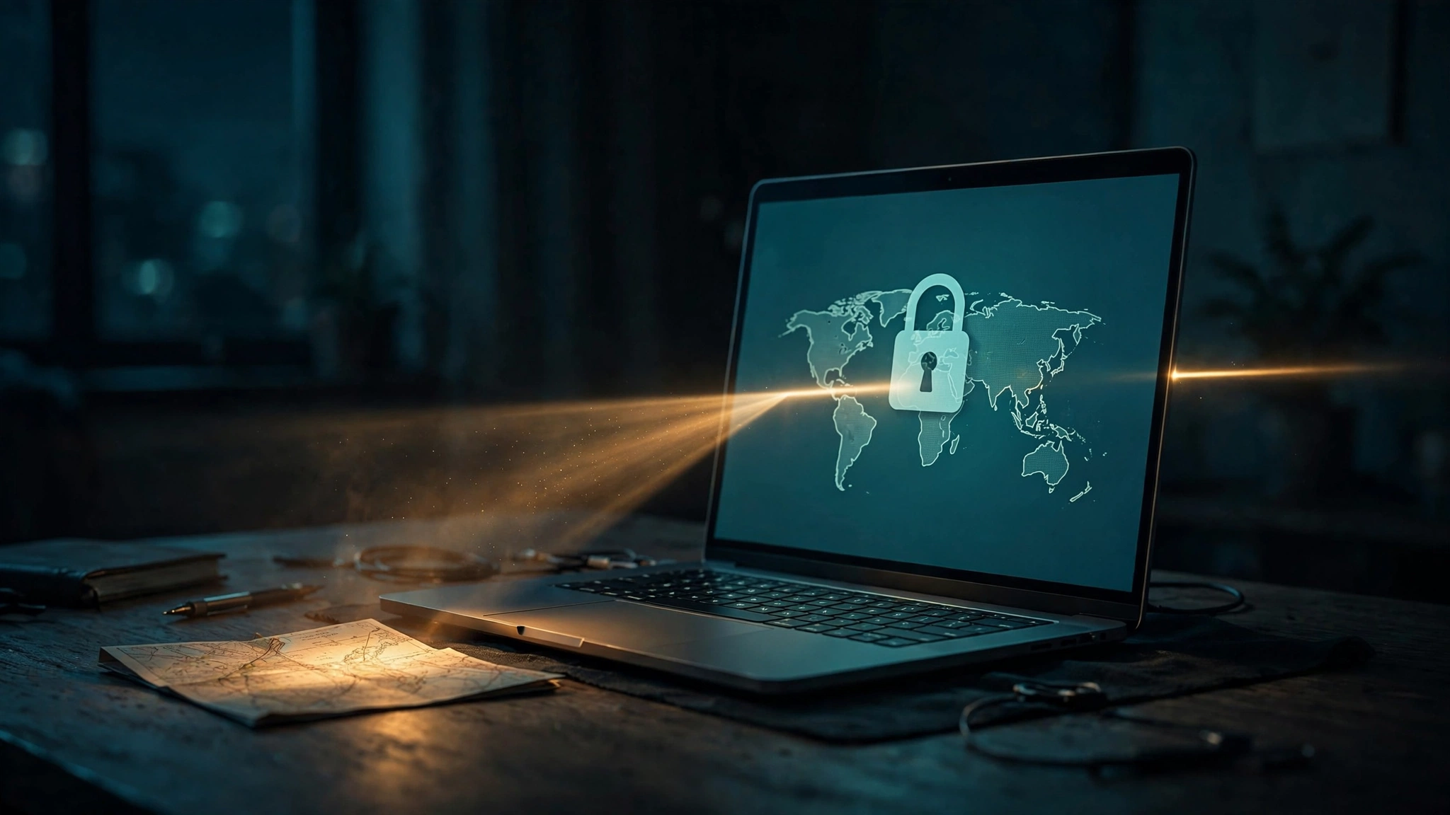 Original editorial illustration of a laptop on a desk at night, its screen showing a simple padlock over a world map, with one thin beam of light escaping sideways from behind the screen and landing on a small paper map on the desk, amber and teal grade