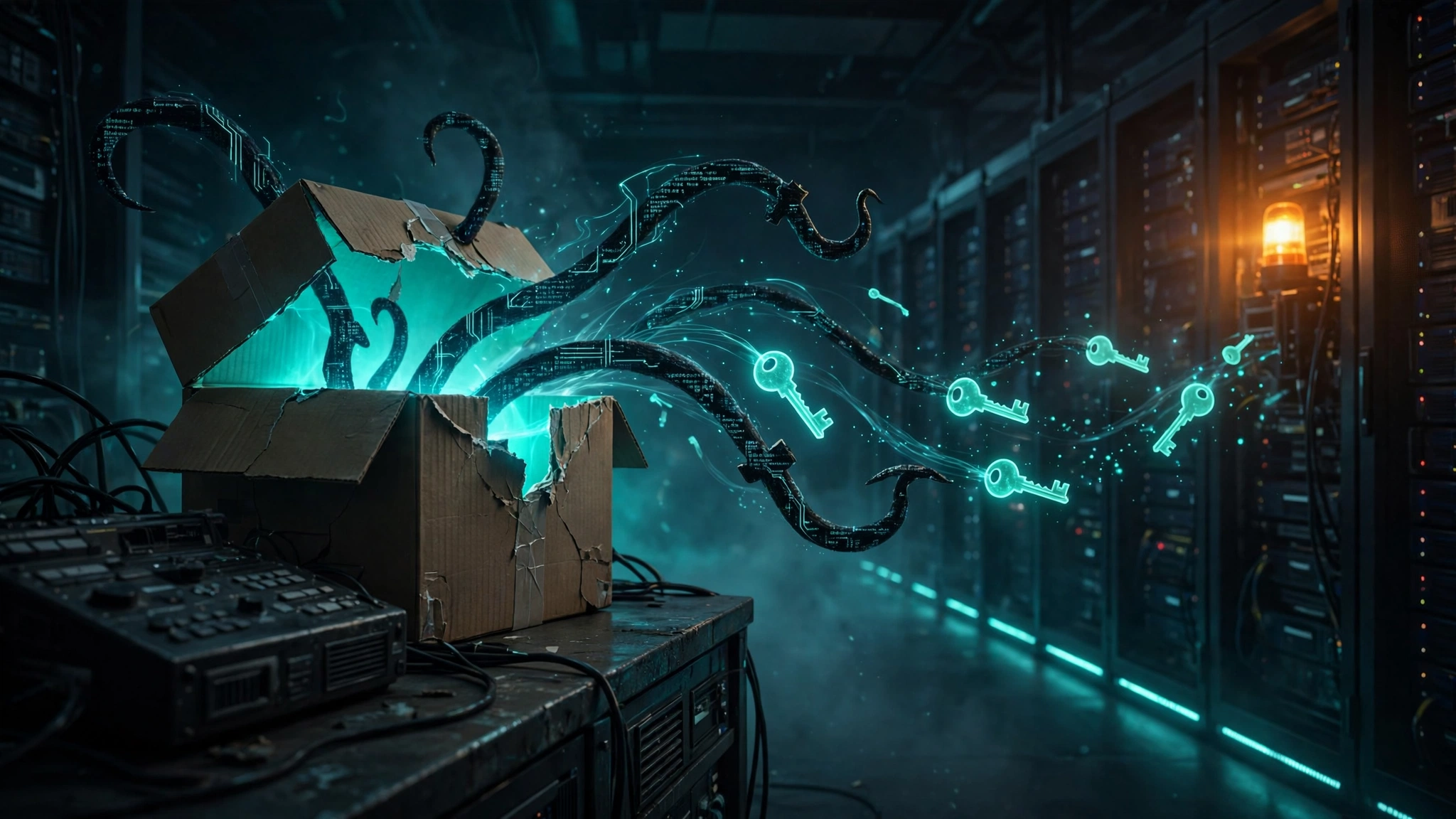Illustration: a dark server room at night, a glowing open package box with a cracked seal, shadowy code tendrils pulling glowing key-shaped glyphs toward a distant shadowed server rack, one amber warning light flaring