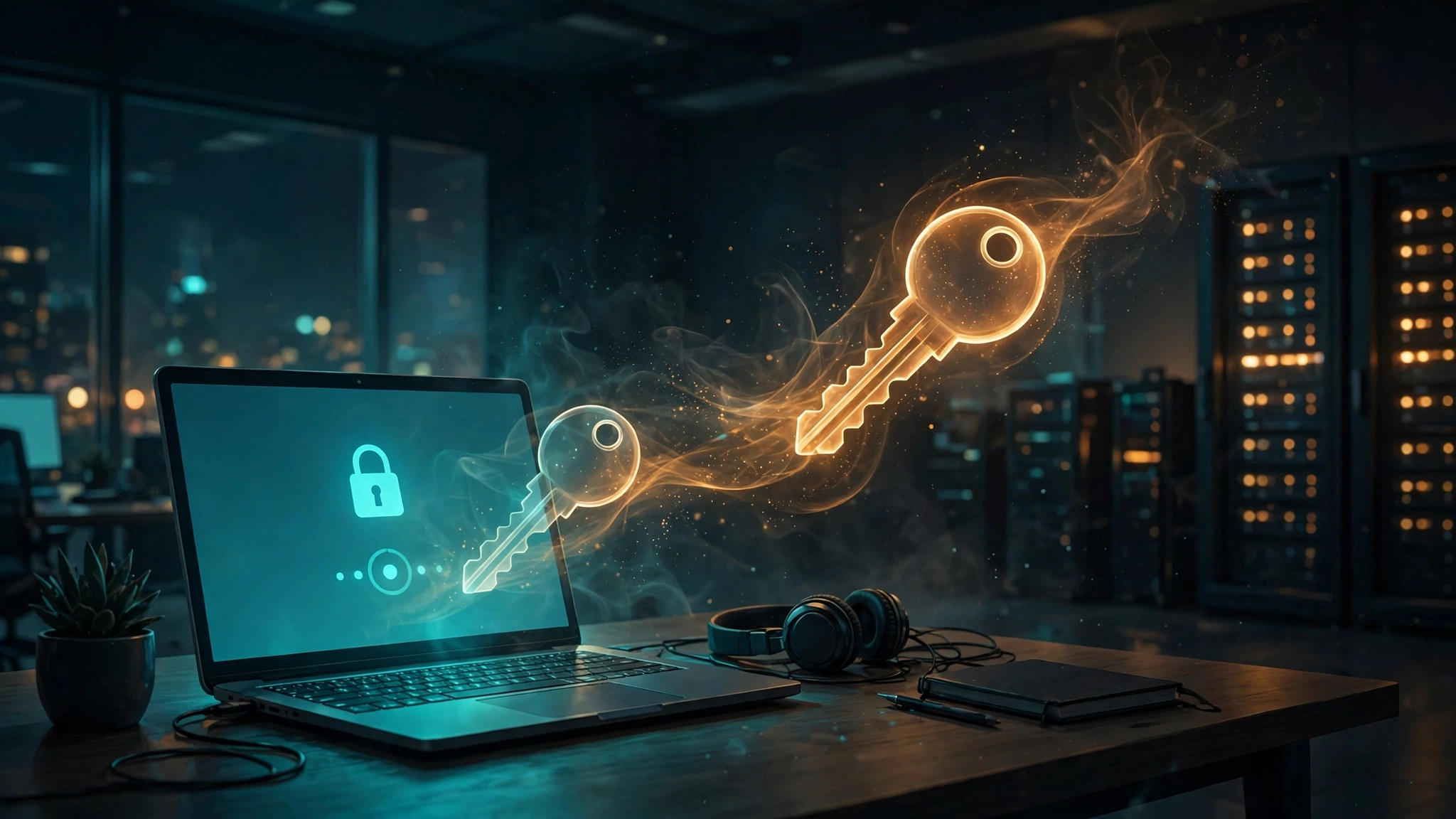 A laptop login screen with a translucent duplicate session key drifting toward a shadowed server rack