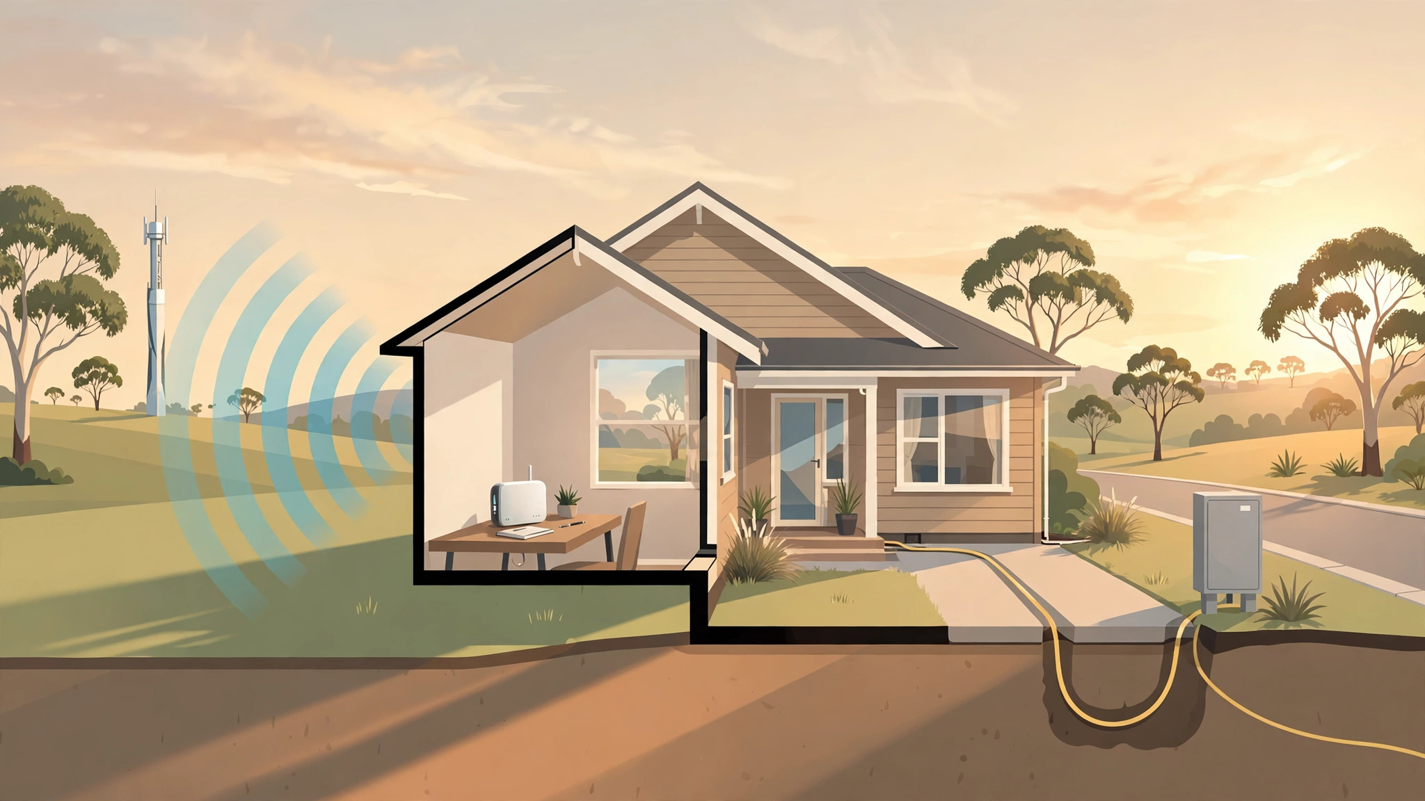 Illustration of an Australian home connected two ways: a 5G modem receiving a wireless signal from a nearby mobile tower on one side, and a fibre cable running to a streetside NBN node on the other