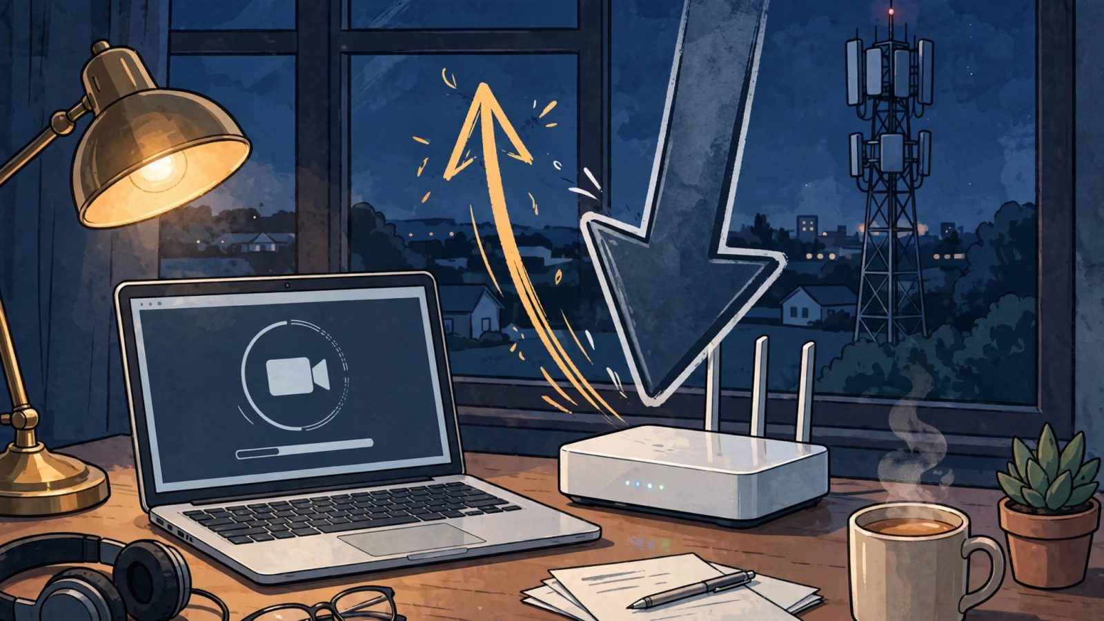Illustration of a home office desk at evening with a laptop uploading a video file, a thin upward arrow rising against a much thicker downward arrow, a 5G modem on the desk, and a mobile tower visible through the window