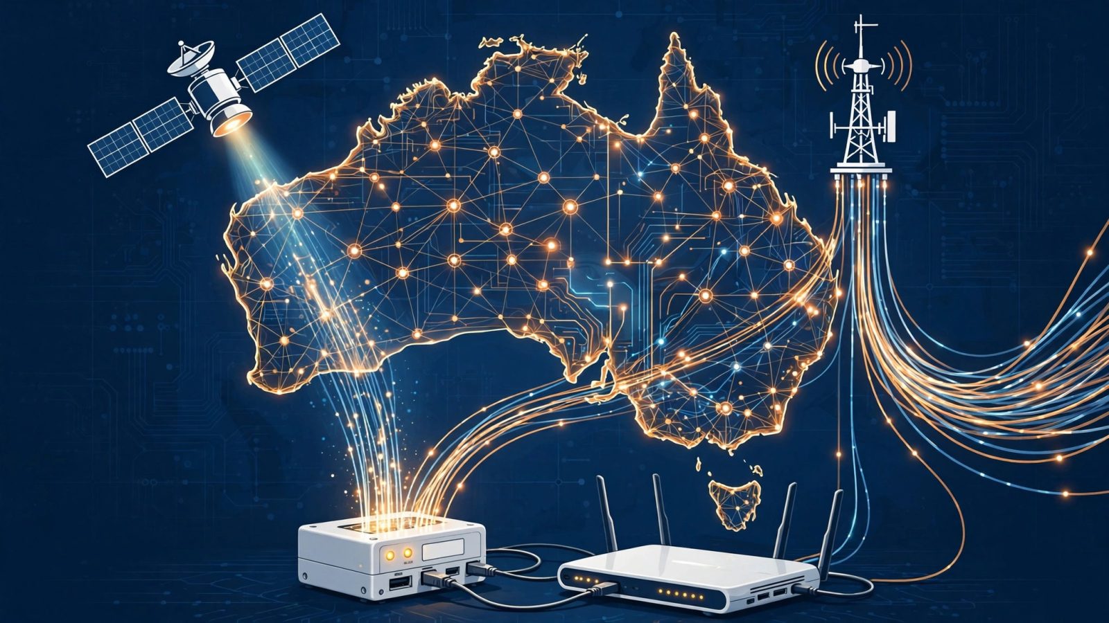 Illustration of a stylised map of Australia made of glowing network lines and measurement nodes, with a small white hardware test box plugged into a home router in the foreground