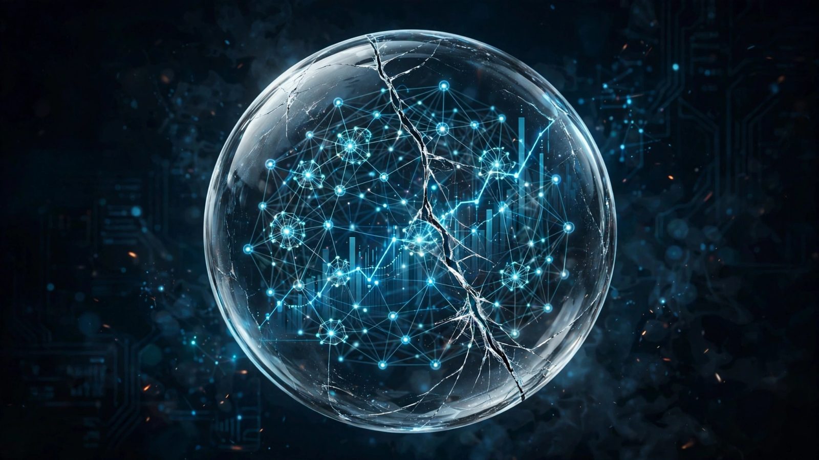 Original editorial illustration of a cracked glass financial bubble filled with glowing neural-network nodes and chart lines, dark tech-editorial style